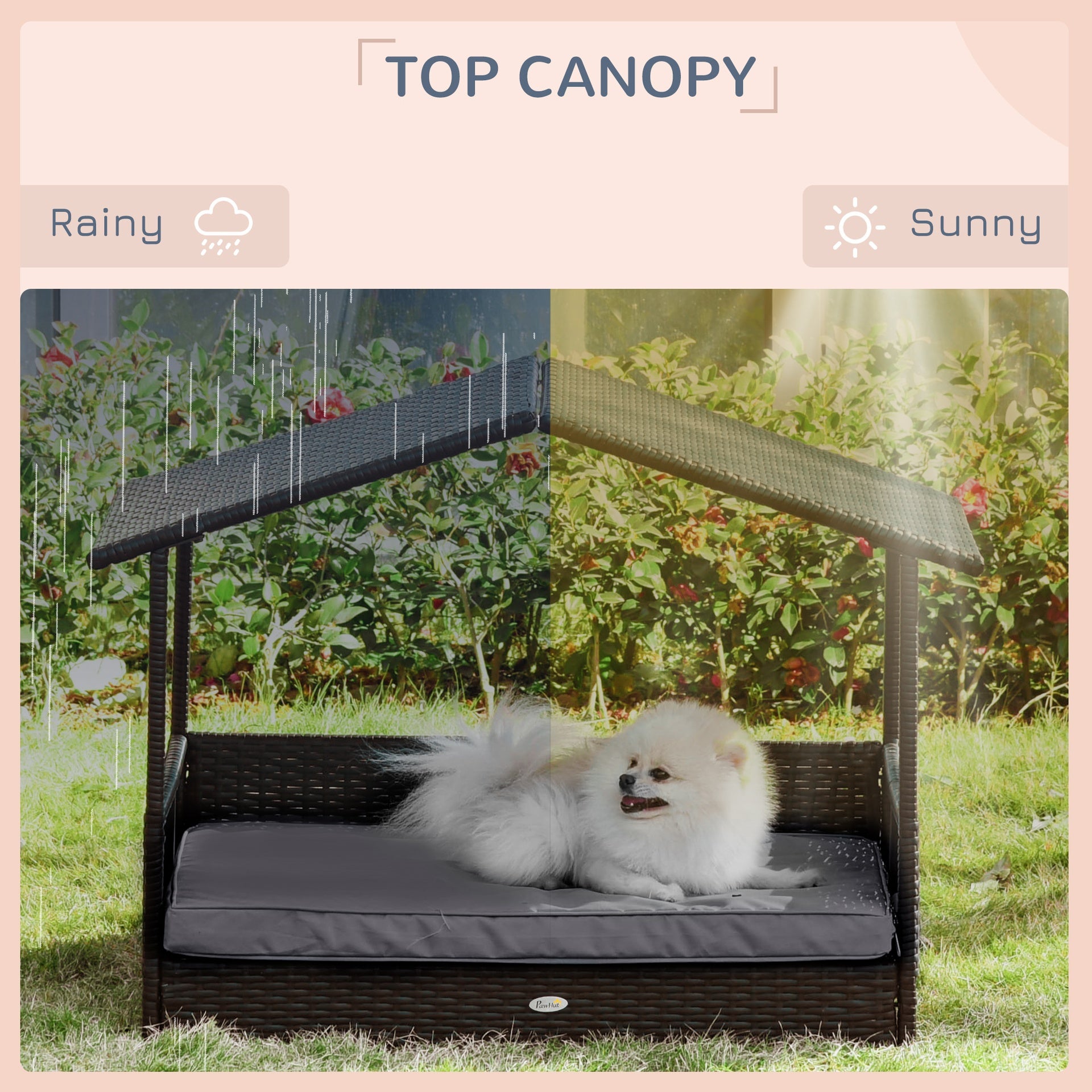 PawHut Wicker Dog House Outdoor with Canopy, Rattan Dog Bed with Water-resistant Cushion, Raised Pet Bed for Small, Medium Breeds up to 66 lbs, 20" in Length, Brown Wicker, Gray Cushion