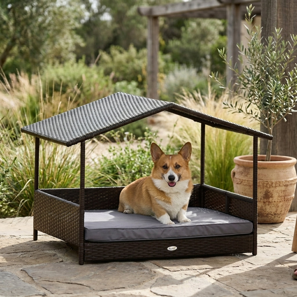 PawHut Wicker Dog House Outdoor with Canopy, Rattan Dog Bed with Water-resistant Cushion, Raised Pet Bed for Small, Medium Breeds up to 66 lbs, 20" in Length, Brown Wicker, Gray Cushion