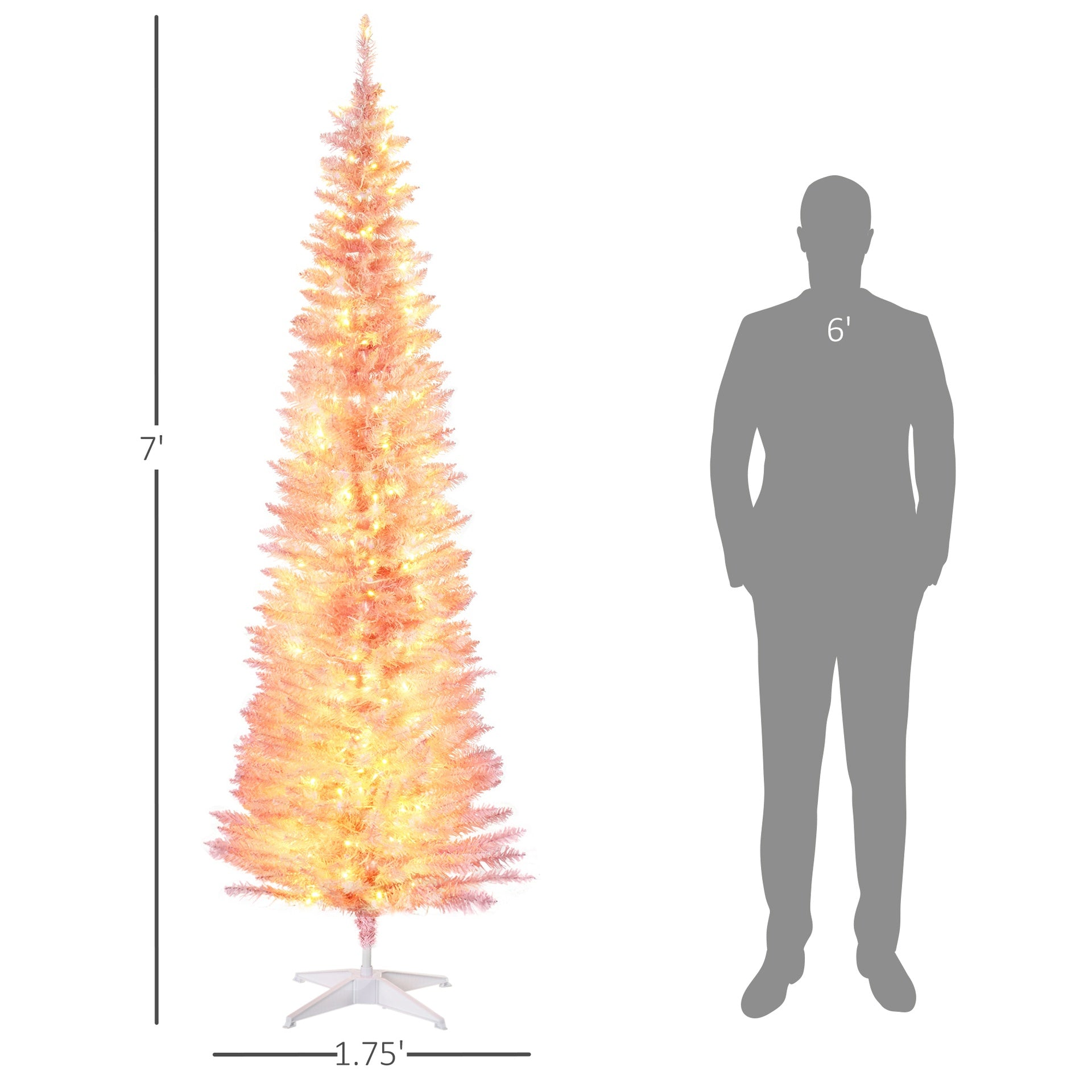 HOMCOM 7ft Pencil Christmas Tree, Slim Artificial Christmas Tree with Realistic Branches and Warm White LED Lights, Pink