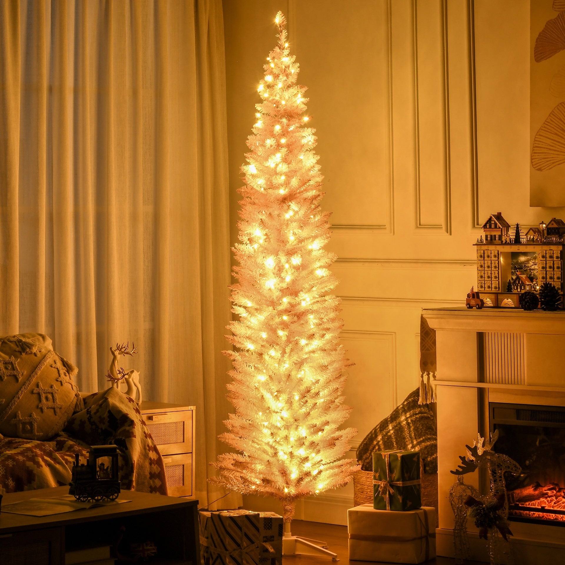 HOMCOM 7ft Pencil Christmas Tree, Slim Artificial Christmas Tree with Realistic Branches and Warm White LED Lights, Pink