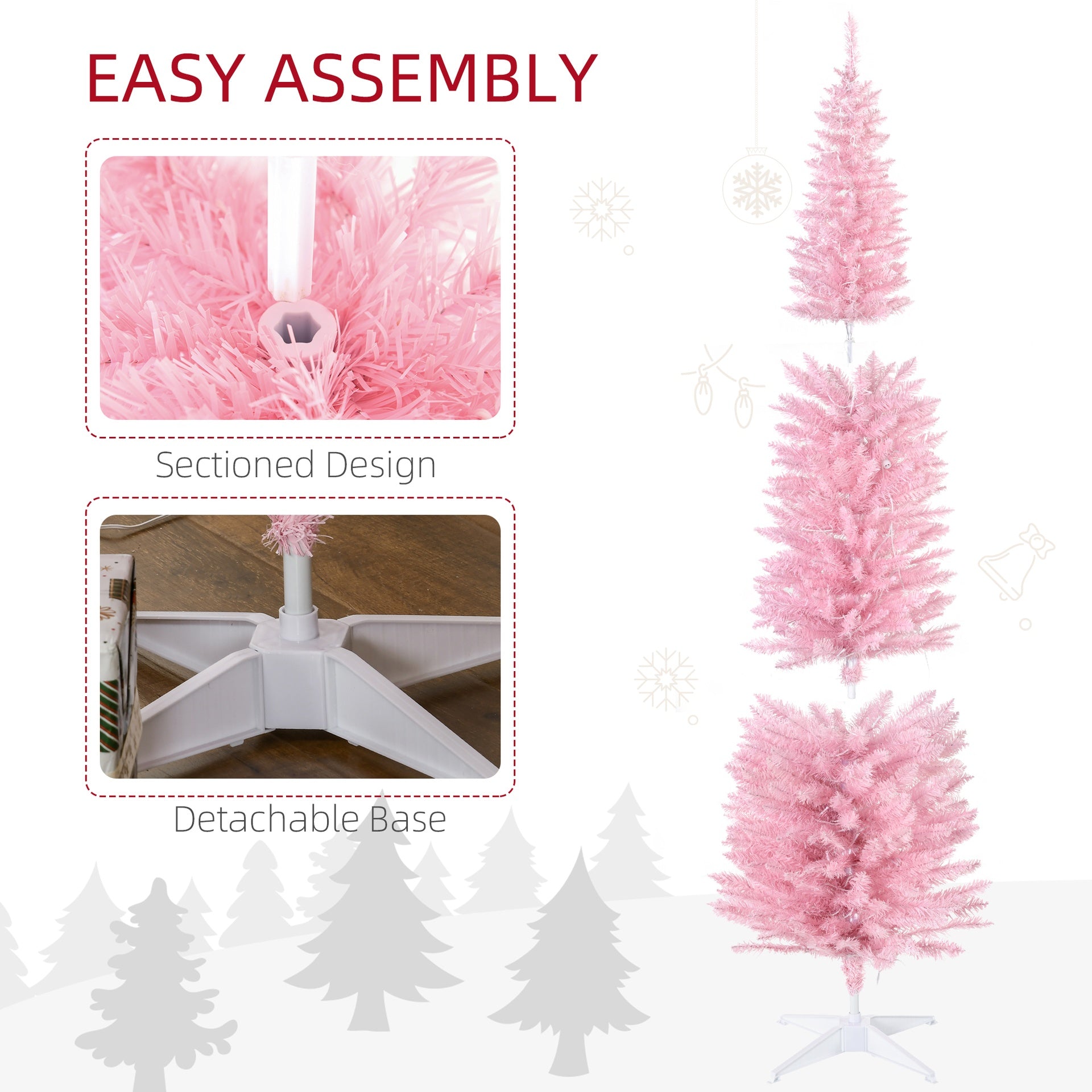HOMCOM 7ft Pencil Christmas Tree, Slim Artificial Christmas Tree with Realistic Branches and Warm White LED Lights, Pink