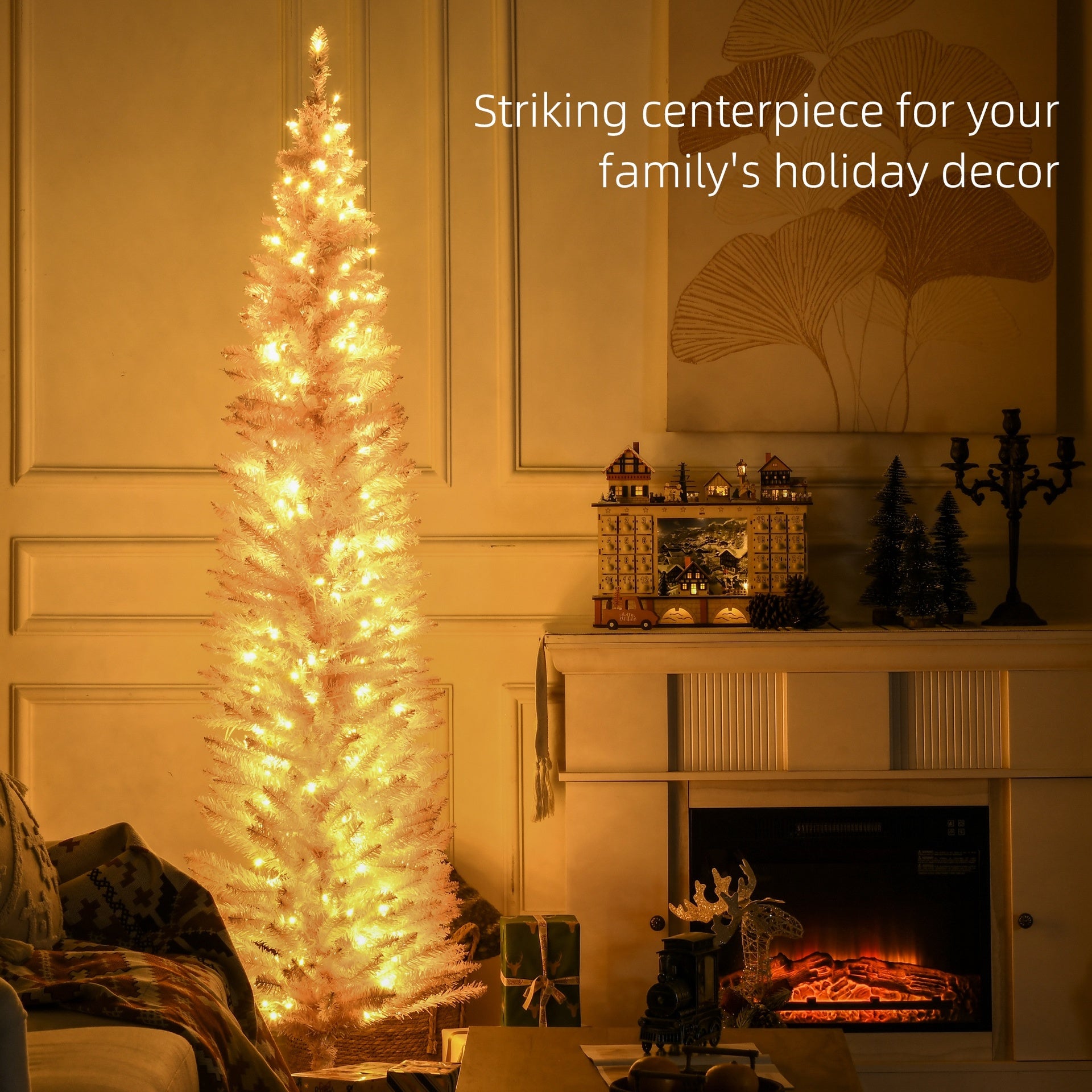 HOMCOM 7ft Pencil Christmas Tree, Slim Artificial Christmas Tree with Realistic Branches and Warm White LED Lights, Pink