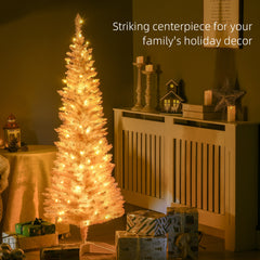 HOMCOM 5ft Pencil Christmas Tree, Slim Artificial Christmas Tree with Realistic Branches and Warm White LED Lights, Pink