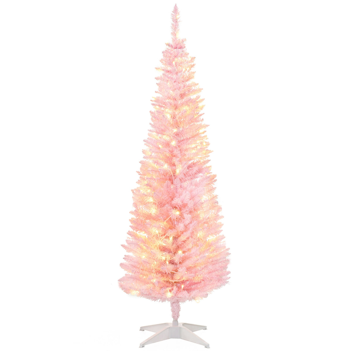 HOMCOM 5ft Pencil Christmas Tree, Slim Artificial Christmas Tree with Realistic Branches and Warm White LED Lights, Pink