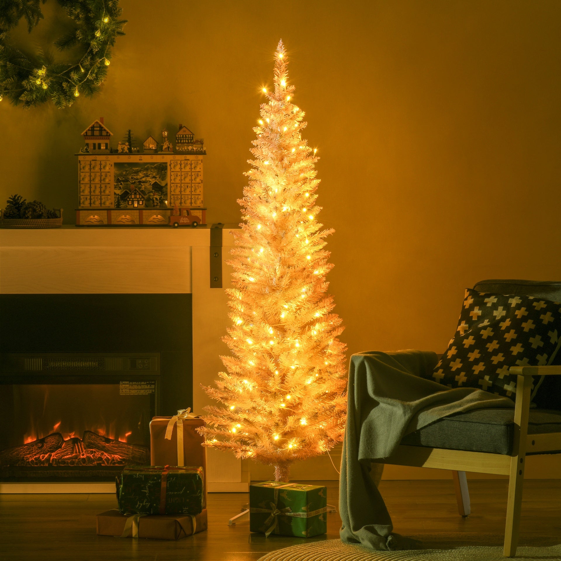 HOMCOM 5ft Pencil Christmas Tree, Slim Artificial Christmas Tree with Realistic Branches and Warm White LED Lights, Pink