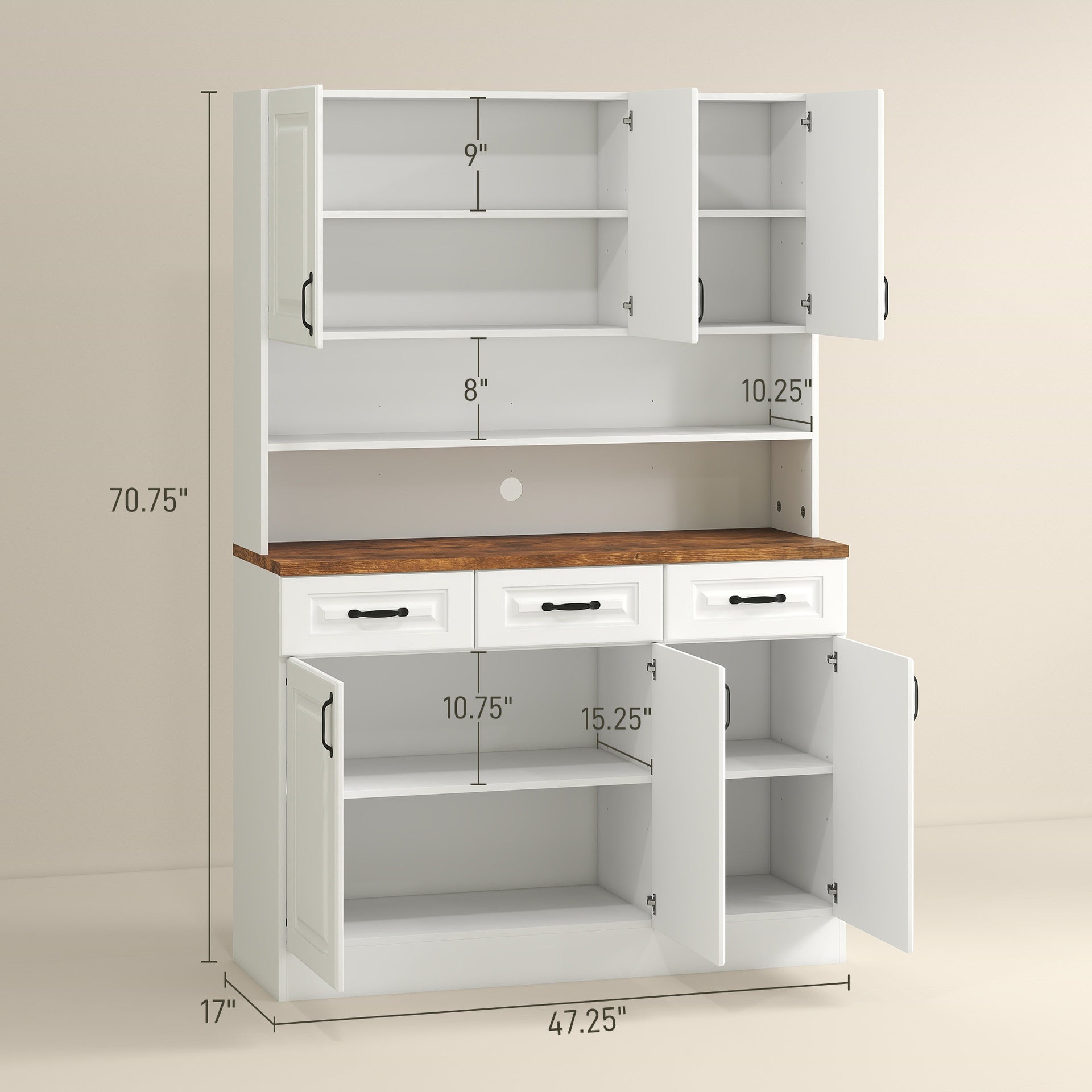 HOMCOM 71" Kitchen Pantry Cabinet, Freestanding Farmhouse Storage Cabinet with Wide 2-Tier Microwave Stand Countertop, 3 Drawers, 6 Soft Closing Doors, and Adjustable Shelves, Cable Management, White
