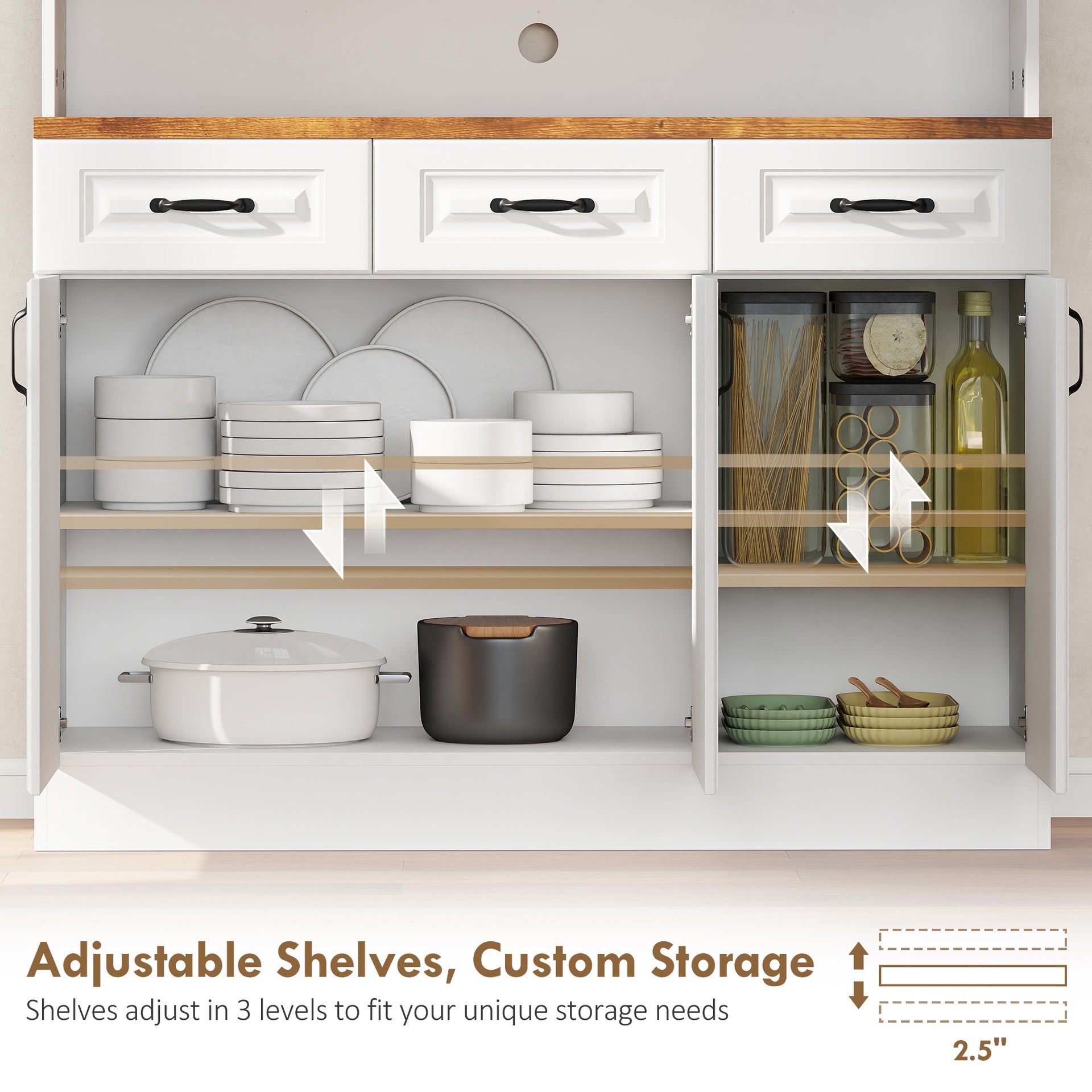 HOMCOM 71" Kitchen Pantry Cabinet, Freestanding Farmhouse Storage Cabinet with Wide 2-Tier Microwave Stand Countertop, 3 Drawers, 6 Soft Closing Doors, and Adjustable Shelves, Cable Management, White