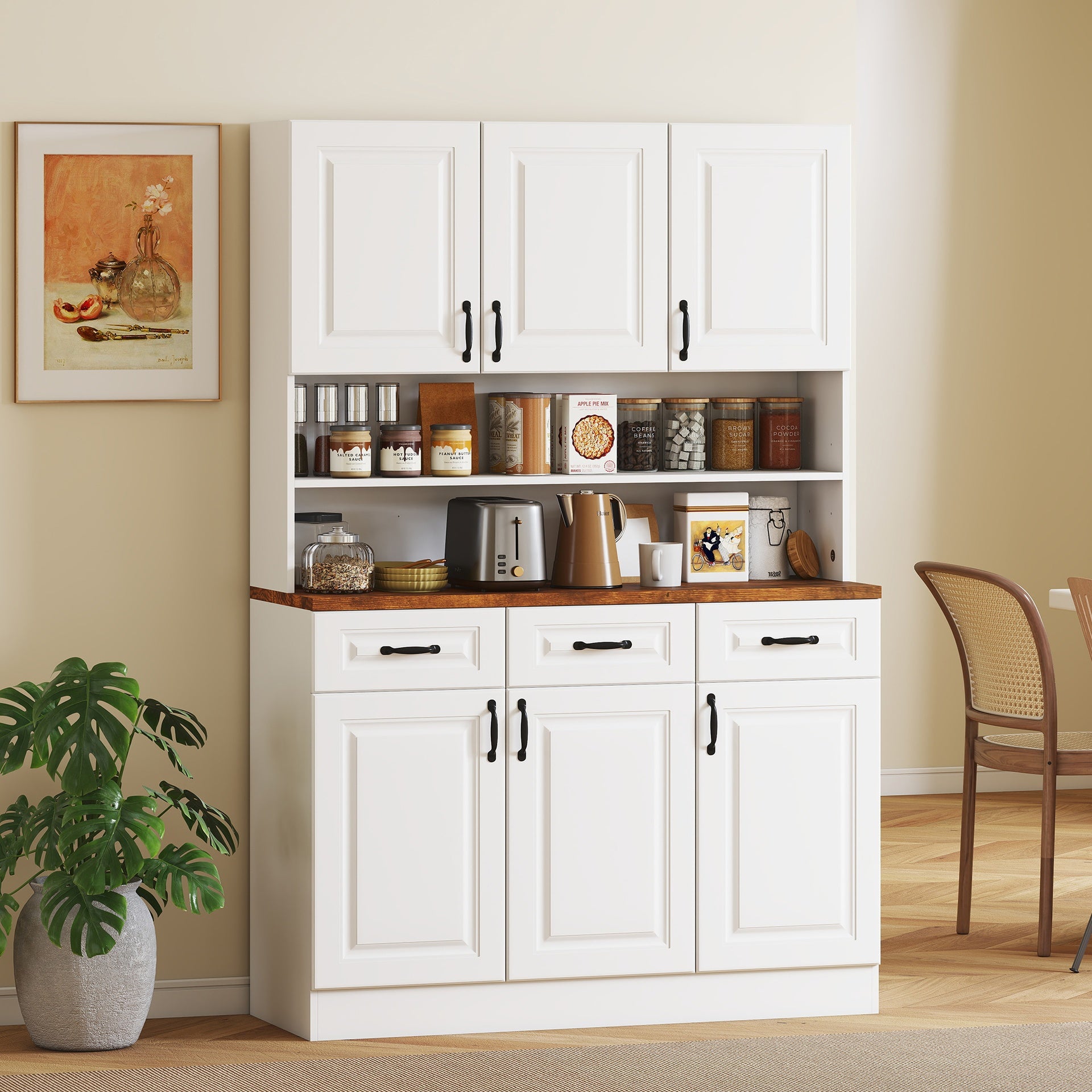 HOMCOM 71" Kitchen Pantry Cabinet, Freestanding Farmhouse Storage Cabinet with Wide 2-Tier Microwave Stand Countertop, 3 Drawers, 6 Soft Closing Doors, and Adjustable Shelves, Cable Management, White