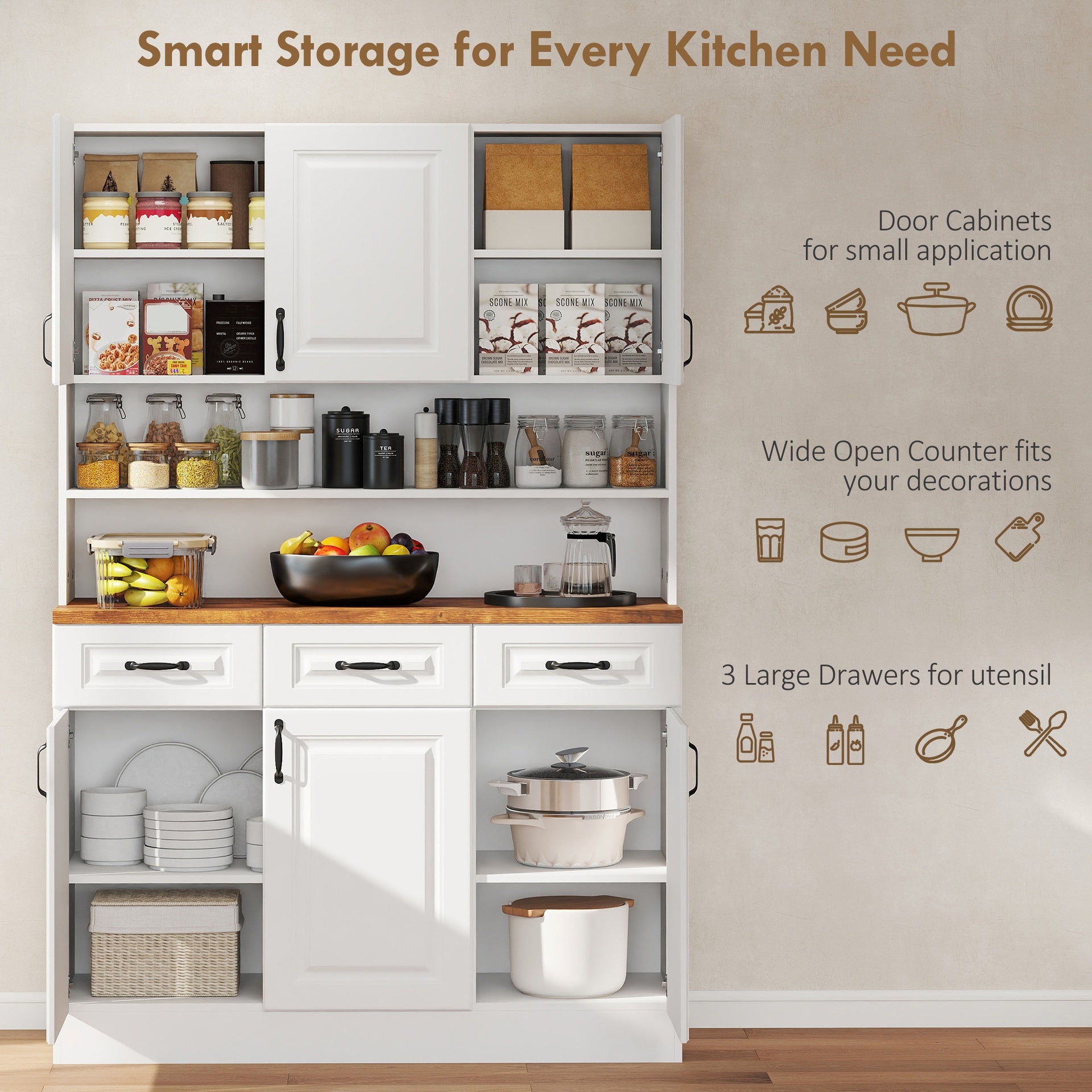 HOMCOM 71" Kitchen Pantry Cabinet, Freestanding Farmhouse Storage Cabinet with Wide 2-Tier Microwave Stand Countertop, 3 Drawers, 6 Soft Closing Doors, and Adjustable Shelves, Cable Management, White