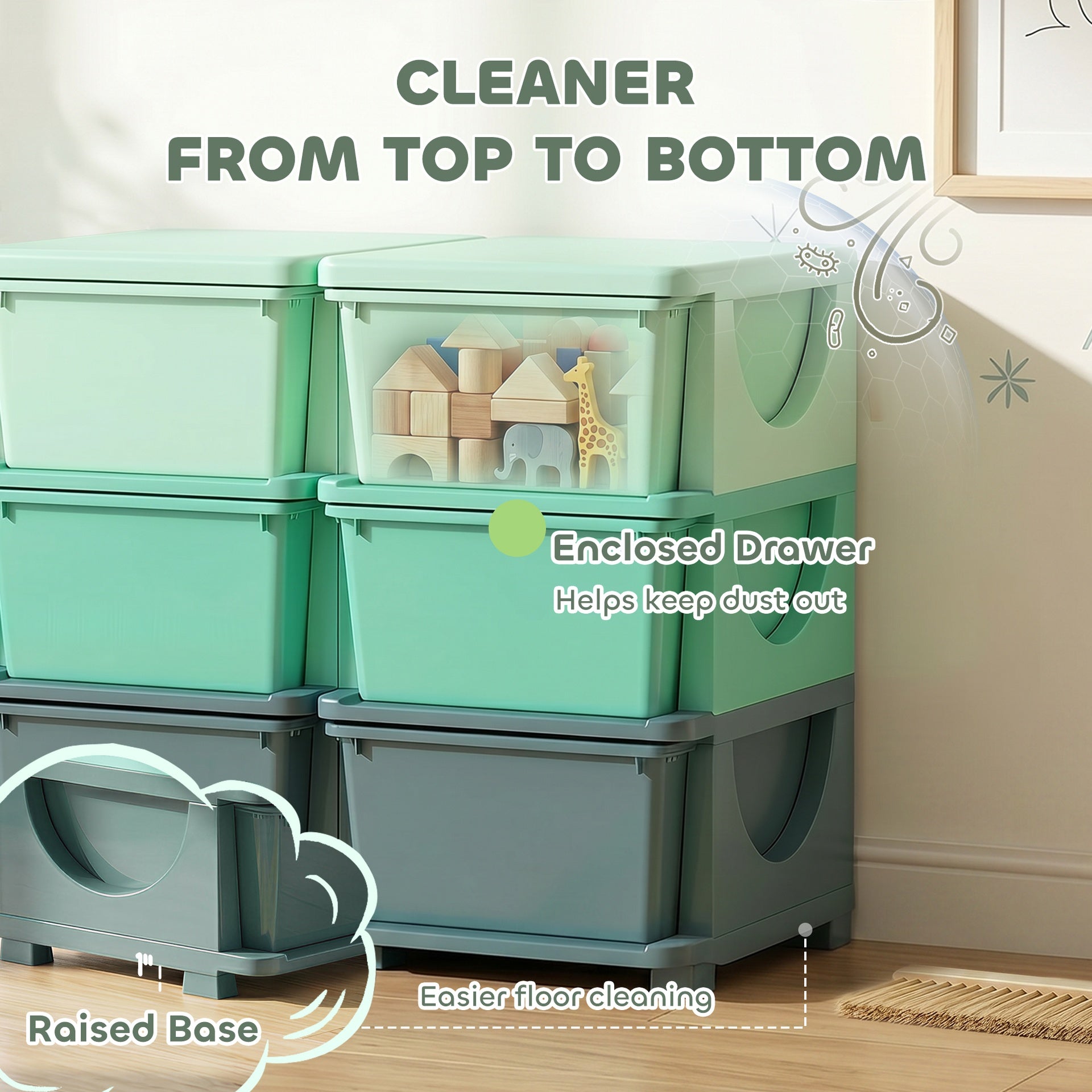 Qaba 3 Tier Kids Storage Organizer with 6 Drawers for Bedroom, Nursery, Kindergarten, Living Room, Boys and Girls, Green