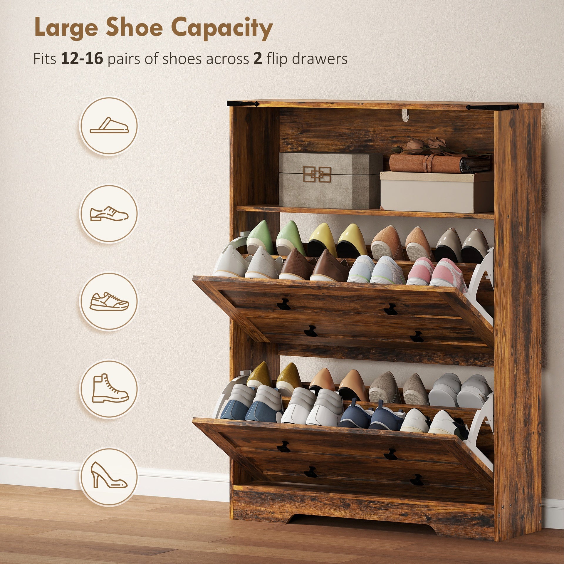 HOMCOM Shoe Cabinet with 2 Flip Drawers, Narrow Shoe Storage Cabinet, Rustic Brown