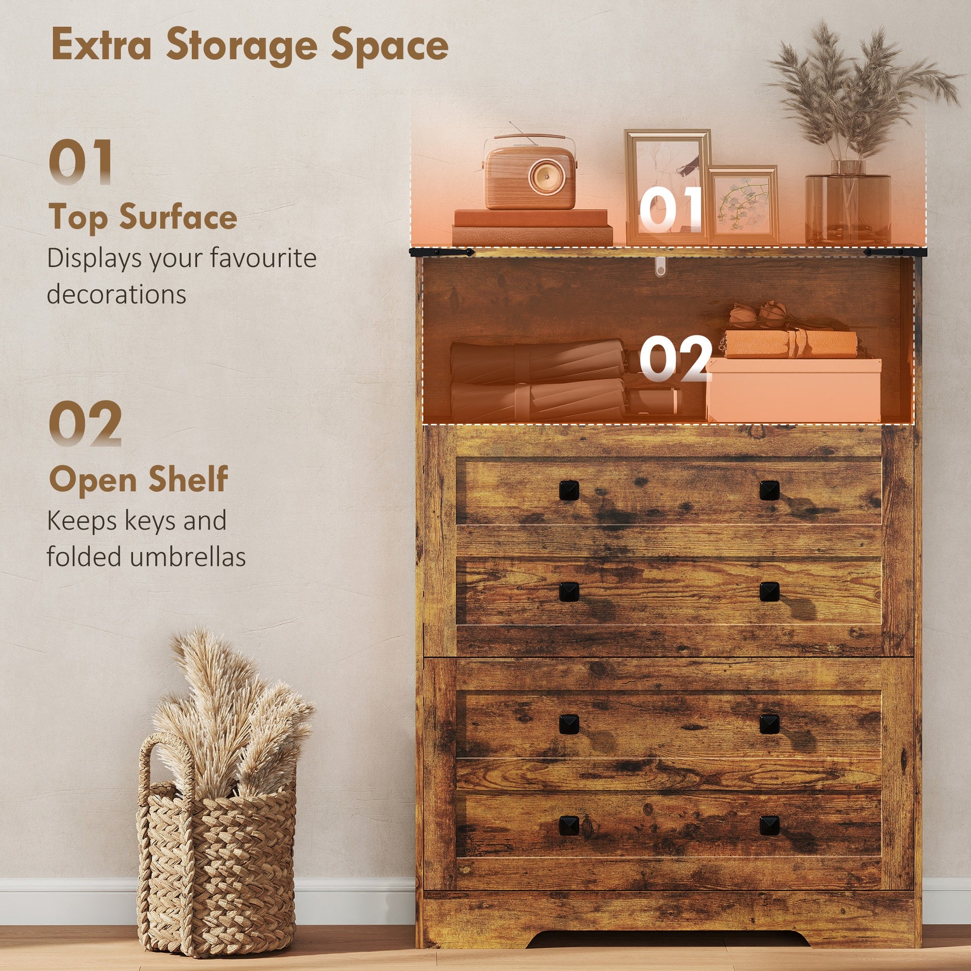 HOMCOM Shoe Cabinet with 2 Flip Drawers, Narrow Shoe Storage Cabinet, Rustic Brown