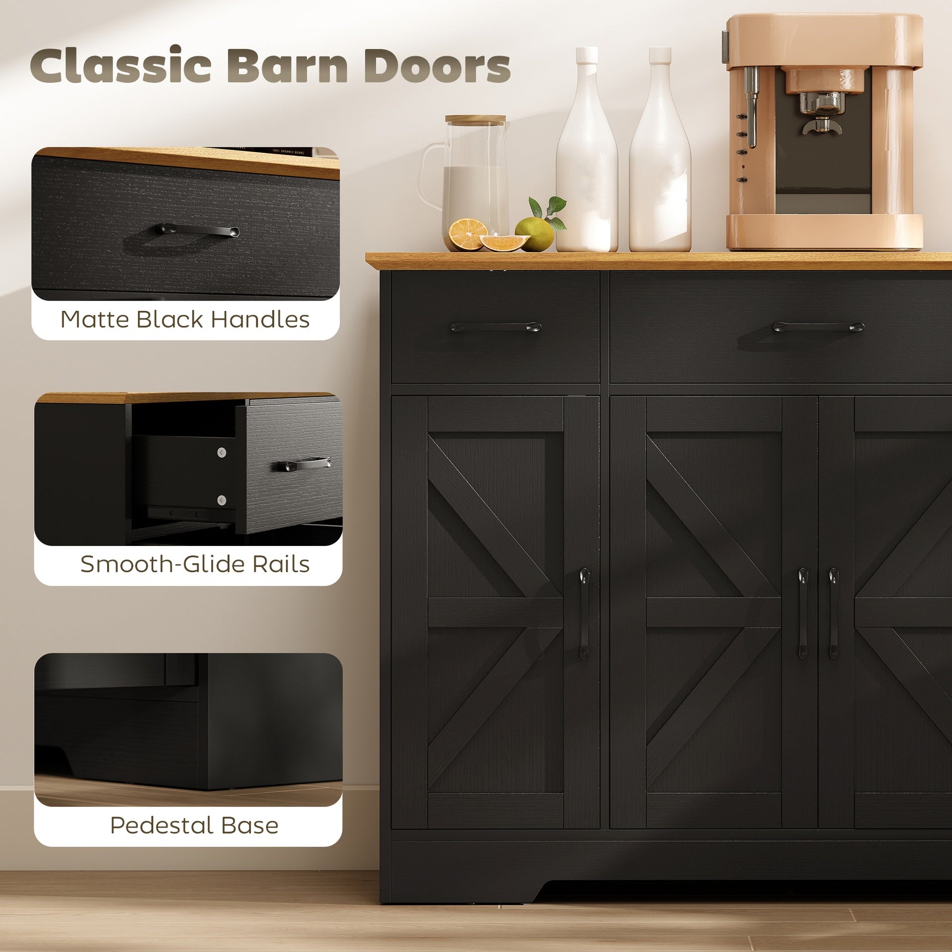 HOMCOM 47" Buffet Cabinet with Soft-Close Hinges, Farmhouse Sideboard with 3 Drawers, Adjustable Shelves and Spice Racks, Black