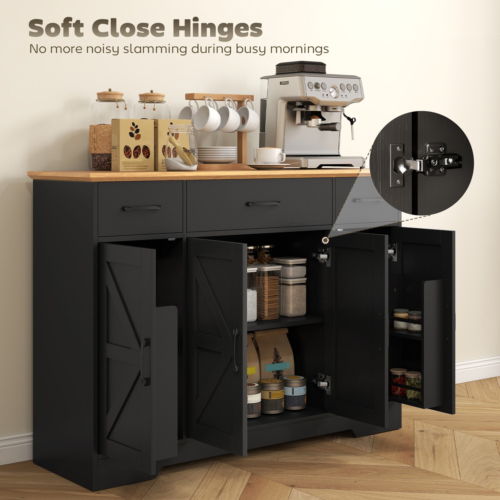 HOMCOM 47" Buffet Cabinet with Soft-Close Hinges, Farmhouse Sideboard with 3 Drawers, Adjustable Shelves and Spice Racks, Black