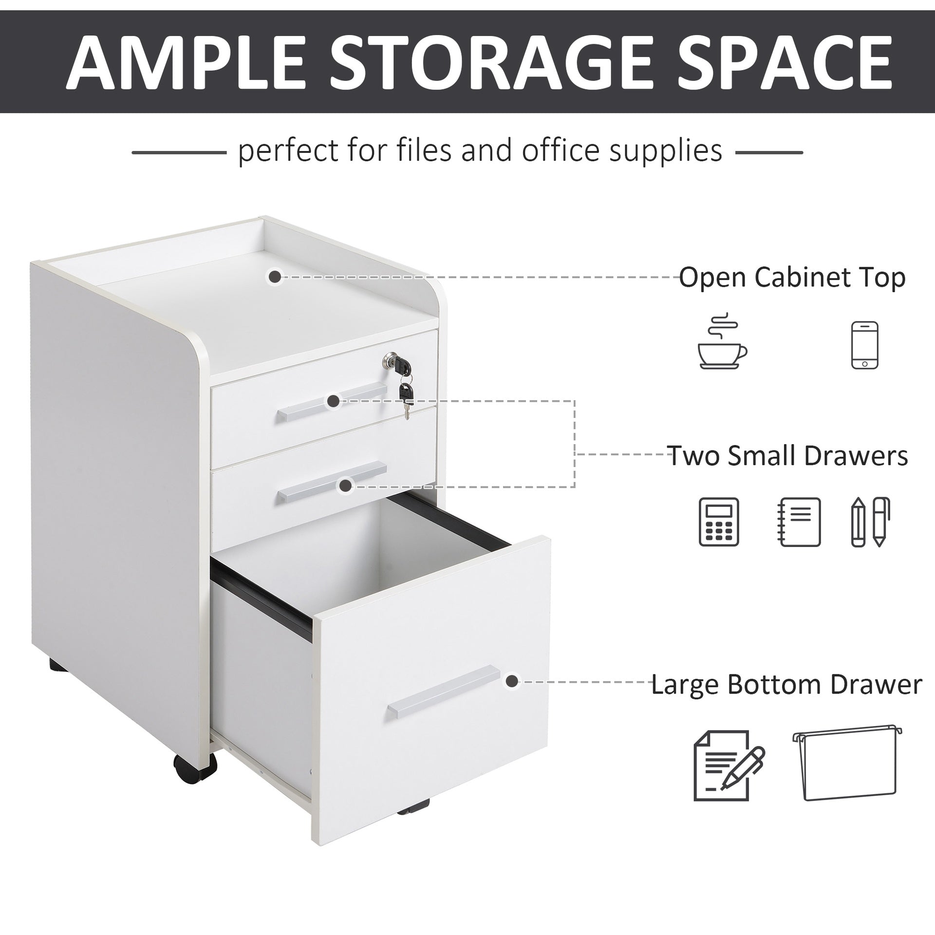 HOMCOM Lockable Filing Cabinet on Wheels, 3 Drawer Mobile File Cabinet with Lock and Edged Top, White