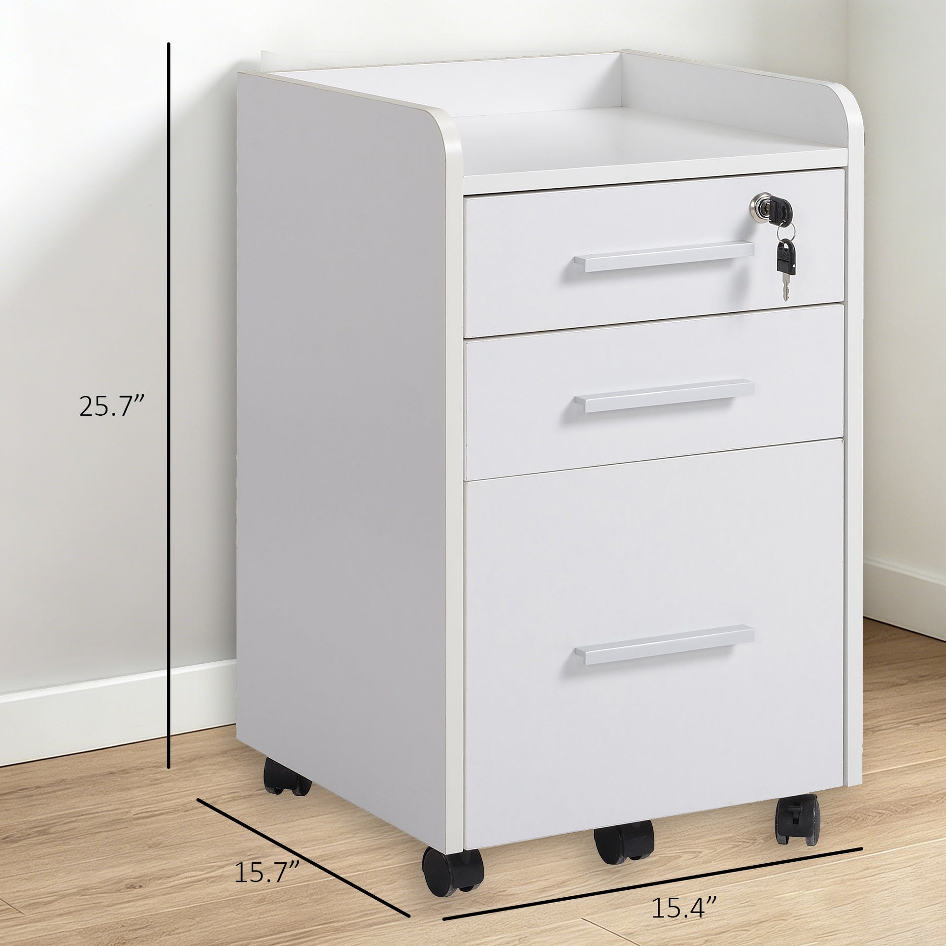 HOMCOM Lockable Filing Cabinet on Wheels, 3 Drawer Mobile File Cabinet with Lock and Edged Top, White