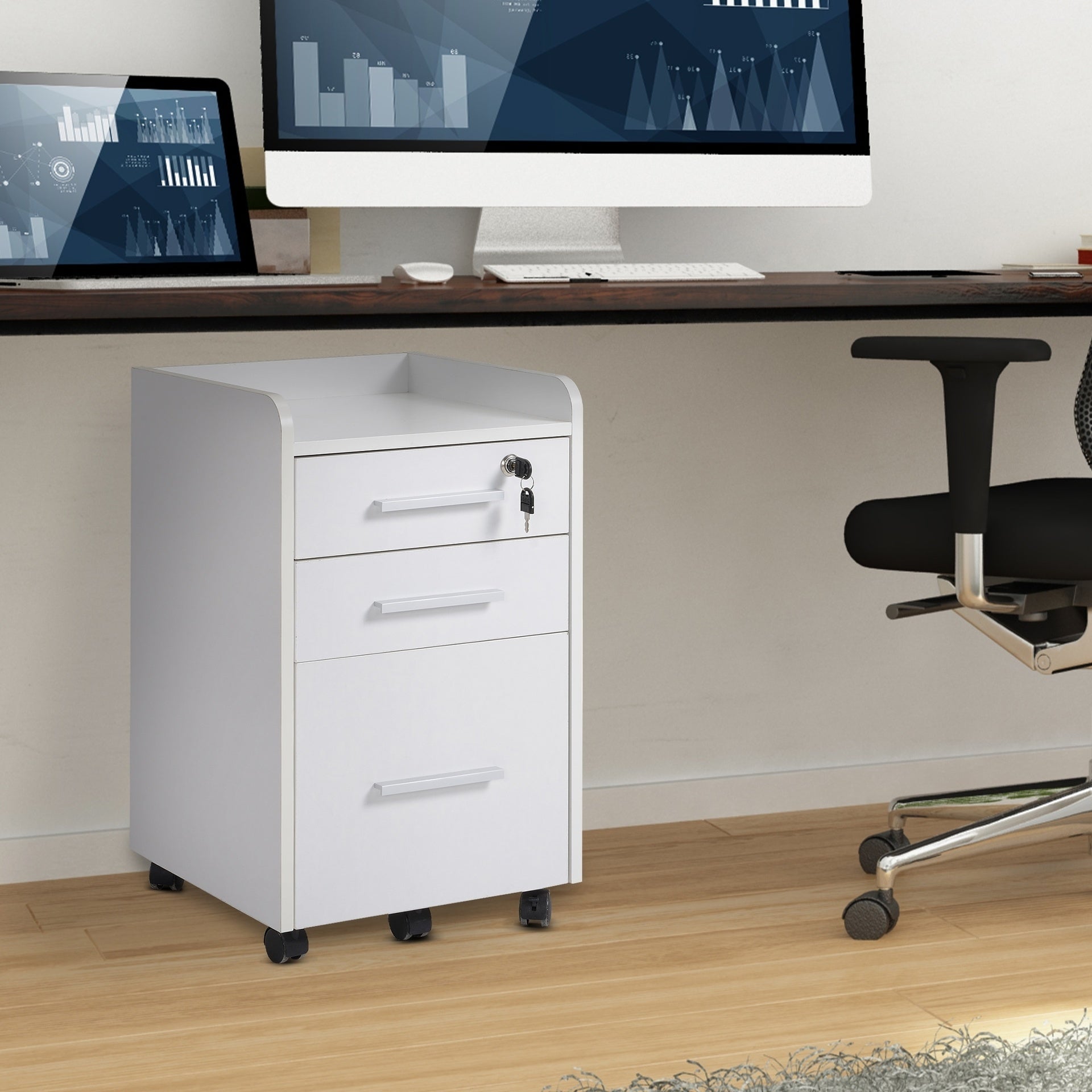 HOMCOM Lockable Filing Cabinet on Wheels, 3 Drawer Mobile File Cabinet with Lock and Edged Top, White