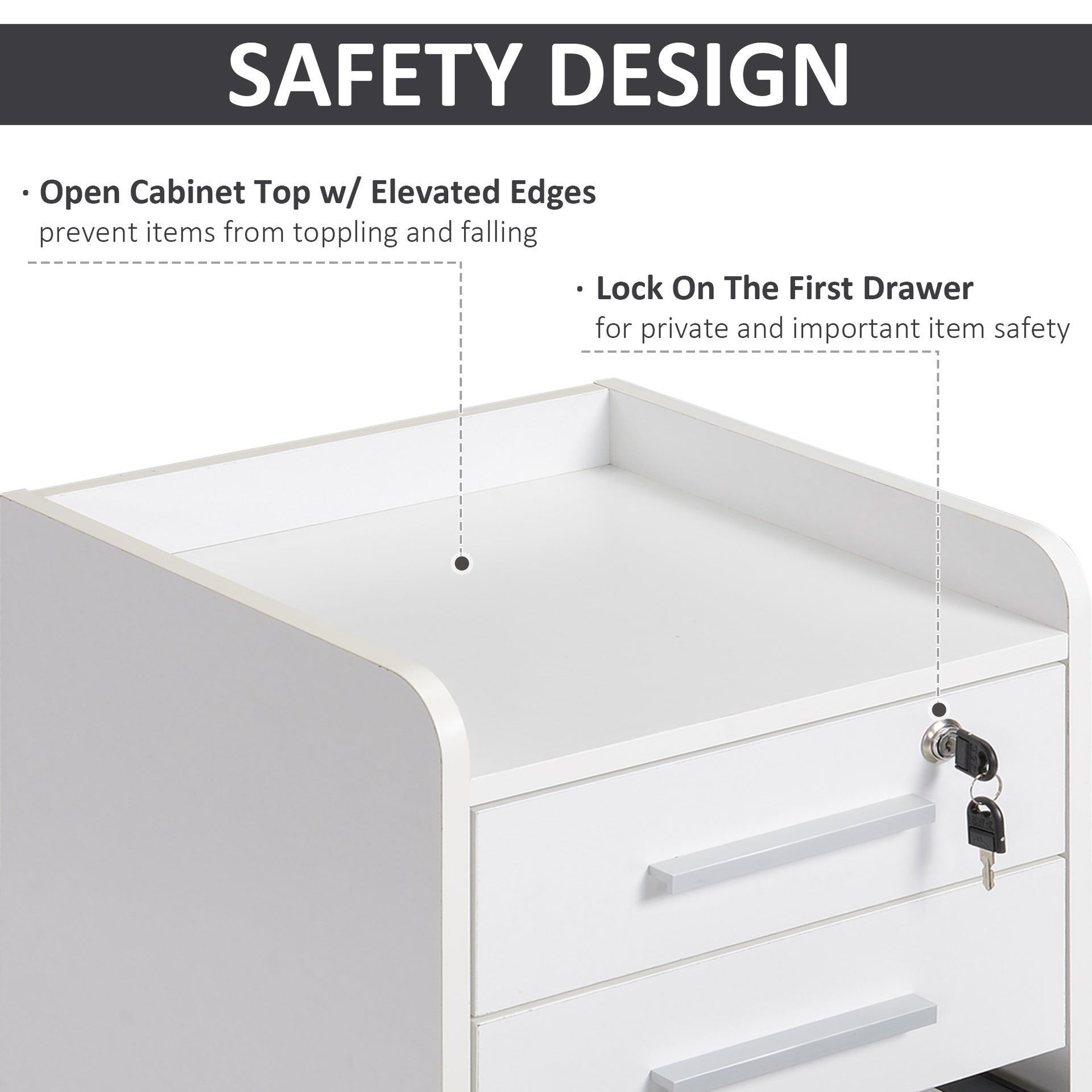 HOMCOM Lockable Filing Cabinet on Wheels, 3 Drawer Mobile File Cabinet with Lock and Edged Top, White
