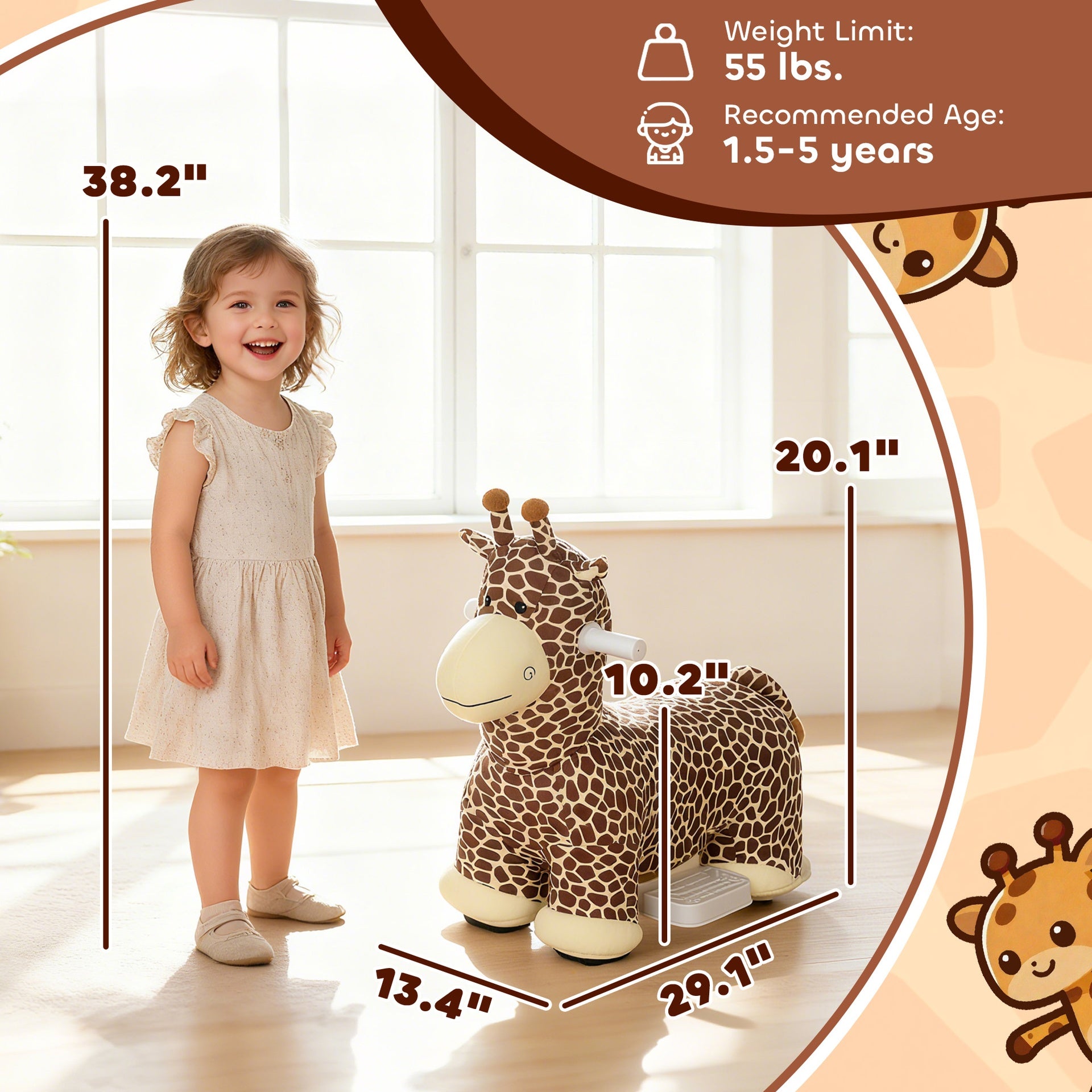 Qaba Kids Electric Ride On Giraffe, 6V Battery Powered Ride On Toy with Washable Cover, Music for 1.5-5 Years, Brown