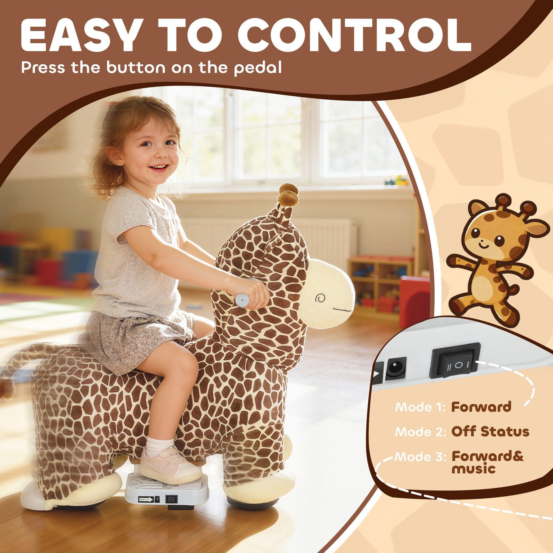 Qaba Kids Electric Ride On Giraffe, 6V Battery Powered Ride On Toy with Washable Cover, Music for 1.5-5 Years, Brown