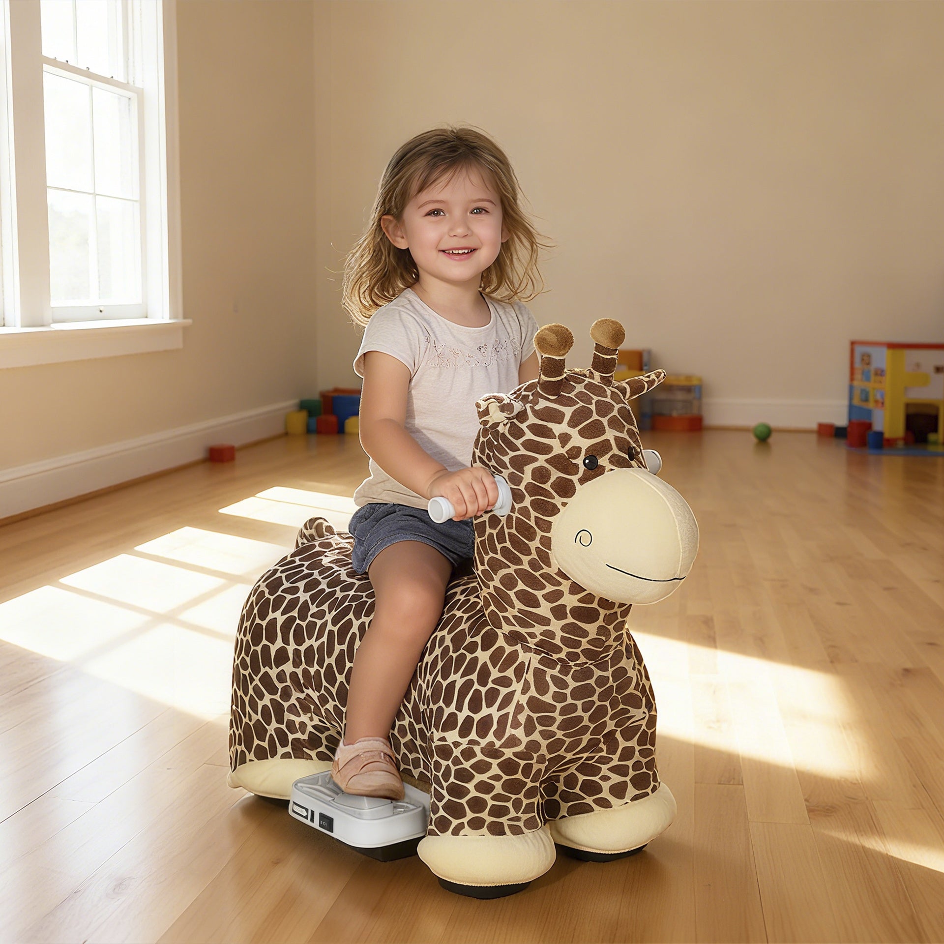 Qaba Kids Electric Ride On Giraffe, 6V Battery Powered Ride On Toy with Washable Cover, Music for 1.5-5 Years, Brown
