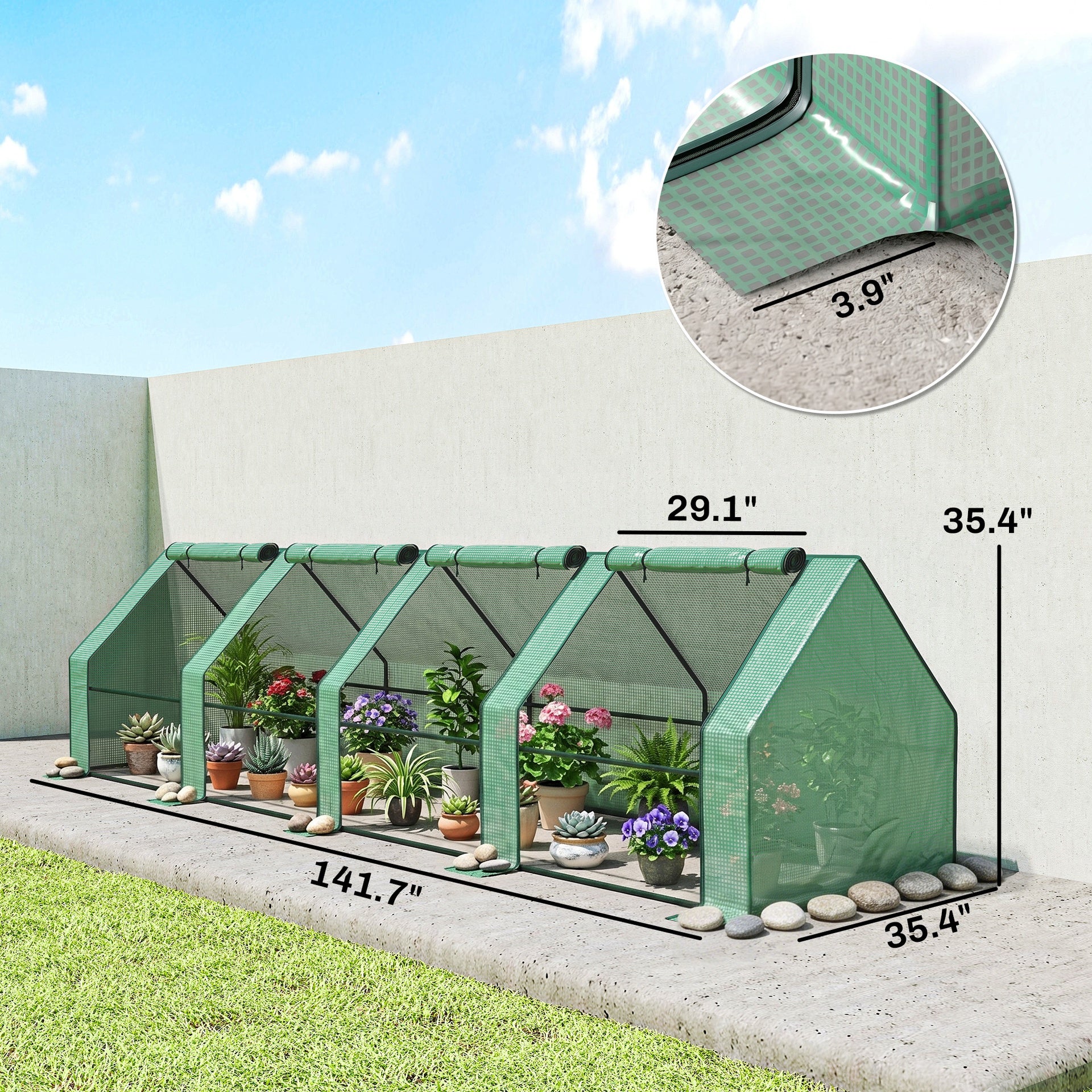 Outsunny Portable Mini Greenhouse, Outdoor Garden with Large Zipper Doors and Water/UV PE Cover, 12' x 3' x 3', Green