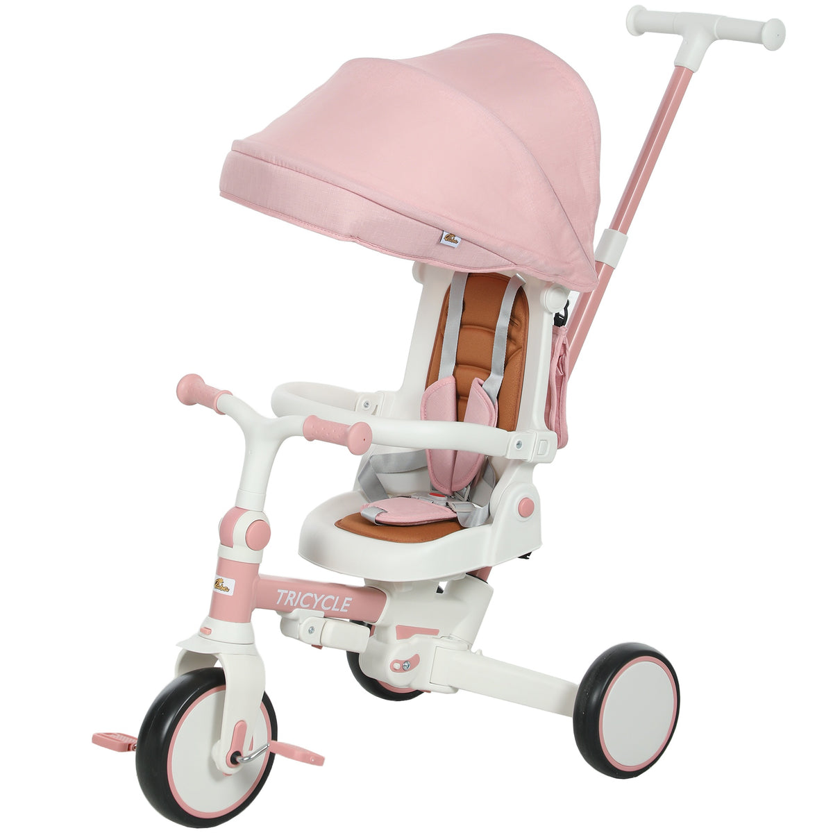 Qaba 7 in 1 Tricycle Stroller for Toddler 1-5 Years w/ Adjustable Push Handle, Rotatable Seat, Removable Canopy, Pink