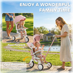 Qaba 7 in 1 Tricycle Stroller for Toddler 1-5 Years w/ Adjustable Push Handle, Rotatable Seat, Removable Canopy, Pink