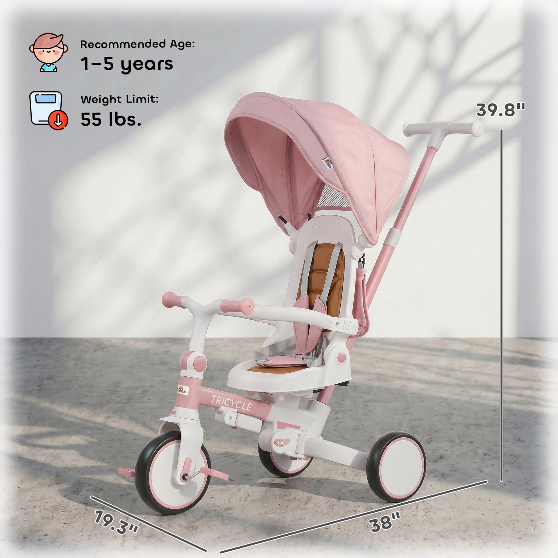 Qaba 7 in 1 Tricycle Stroller for Toddler 1-5 Years w/ Adjustable Push Handle, Rotatable Seat, Removable Canopy, Pink