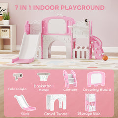 Qaba 7 in 1 Kids Slide with Climber, Basketball Hoop, Telescope, Indoor Outdoor Playground, for Boys Girls Ages 1-3, Pink