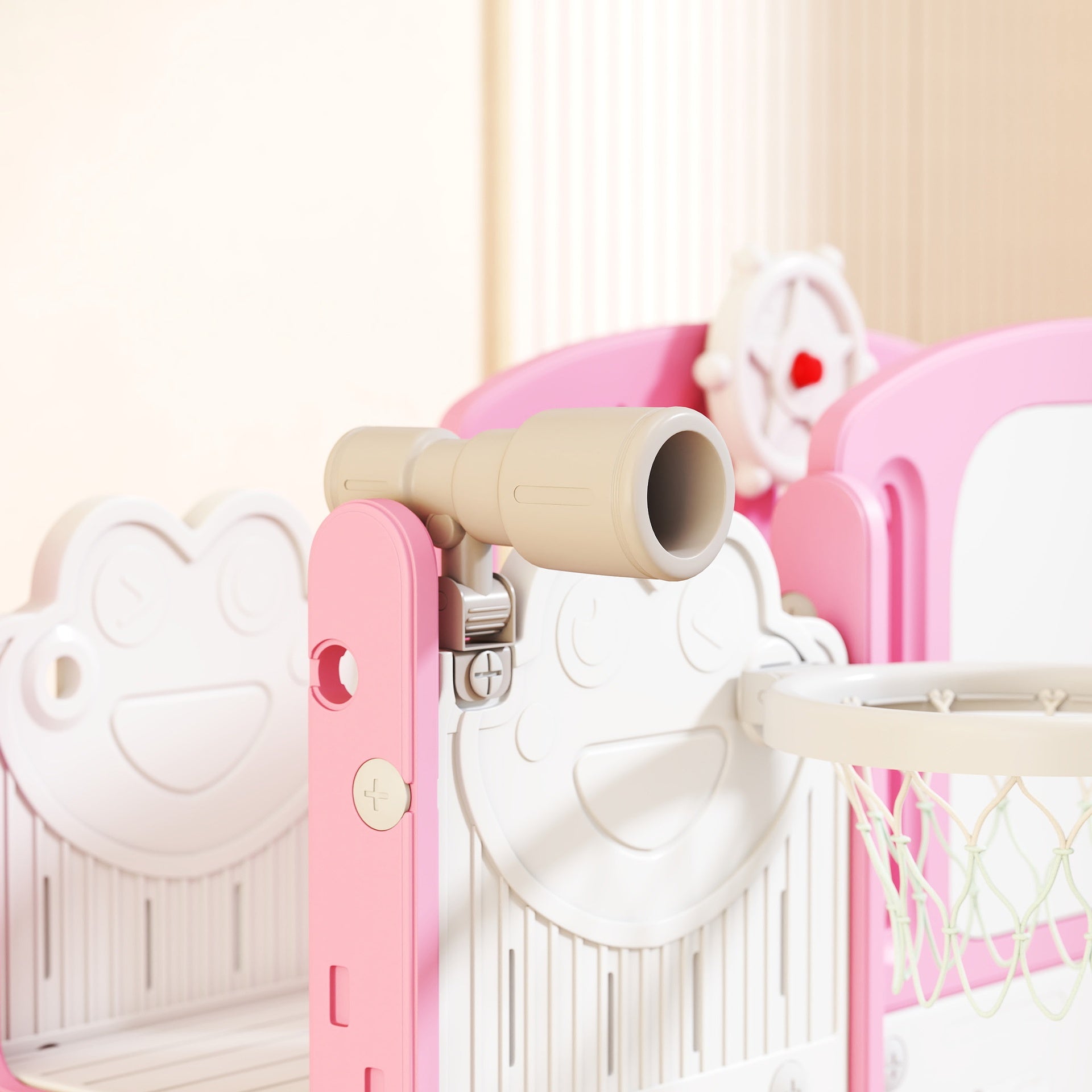 Qaba 7 in 1 Kids Slide with Climber, Basketball Hoop, Telescope, Indoor Outdoor Playground, for Boys Girls Ages 1-3, Pink