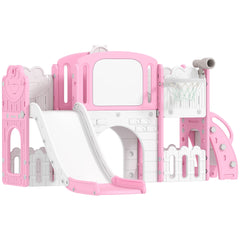 Qaba 7 in 1 Kids Slide with Climber, Basketball Hoop, Telescope, Indoor Outdoor Playground, for Boys Girls Ages 1-3, Pink