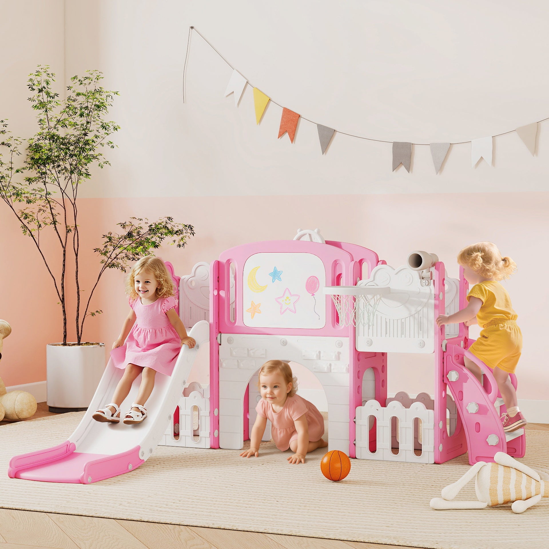 Qaba 7 in 1 Kids Slide with Climber, Basketball Hoop, Telescope, Indoor Outdoor Playground, for Boys Girls Ages 1-3, Pink