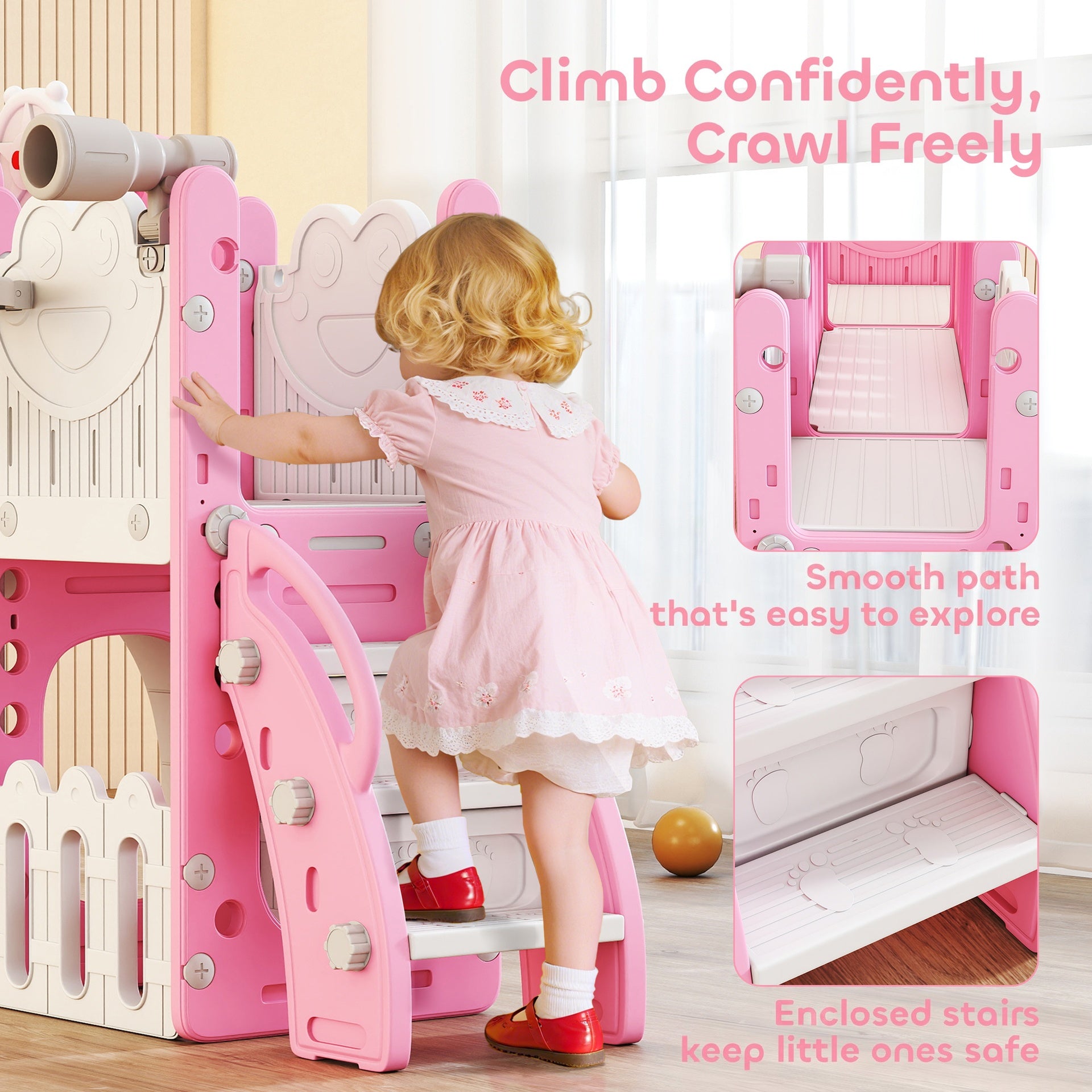 Qaba 7 in 1 Kids Slide with Climber, Basketball Hoop, Telescope, Indoor Outdoor Playground, for Boys Girls Ages 1-3, Pink