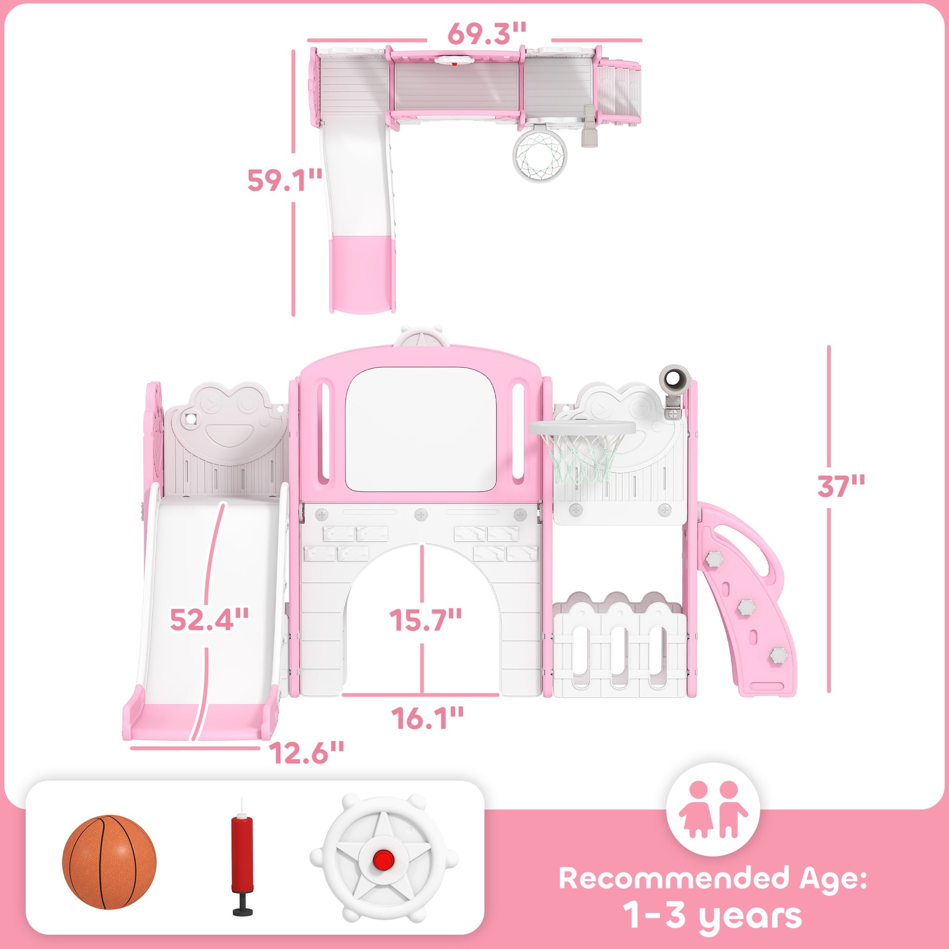 Qaba 7 in 1 Kids Slide with Climber, Basketball Hoop, Telescope, Indoor Outdoor Playground, for Boys Girls Ages 1-3, Pink