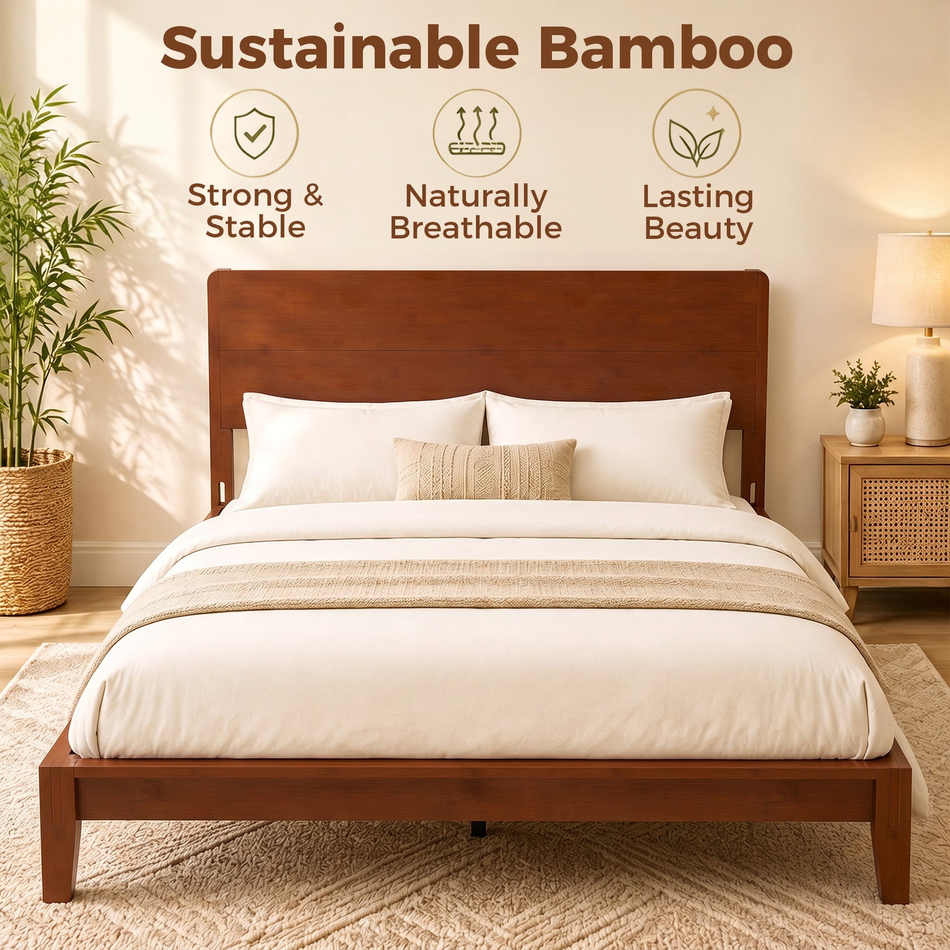 HOMCOM Queen Size Bamboo Platform Bed Frame with Headboard and 12 Poplar Slats, No Box Spring Needed, Easy Assembly, Brown