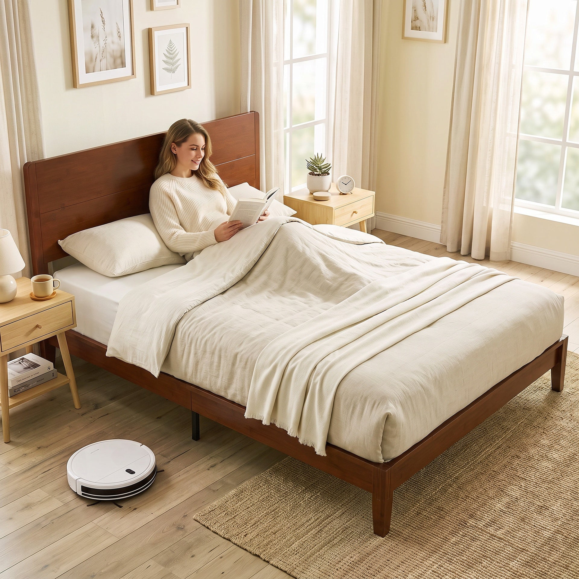 HOMCOM Queen Size Bamboo Platform Bed Frame with Headboard and 12 Poplar Slats, No Box Spring Needed, Easy Assembly, Brown