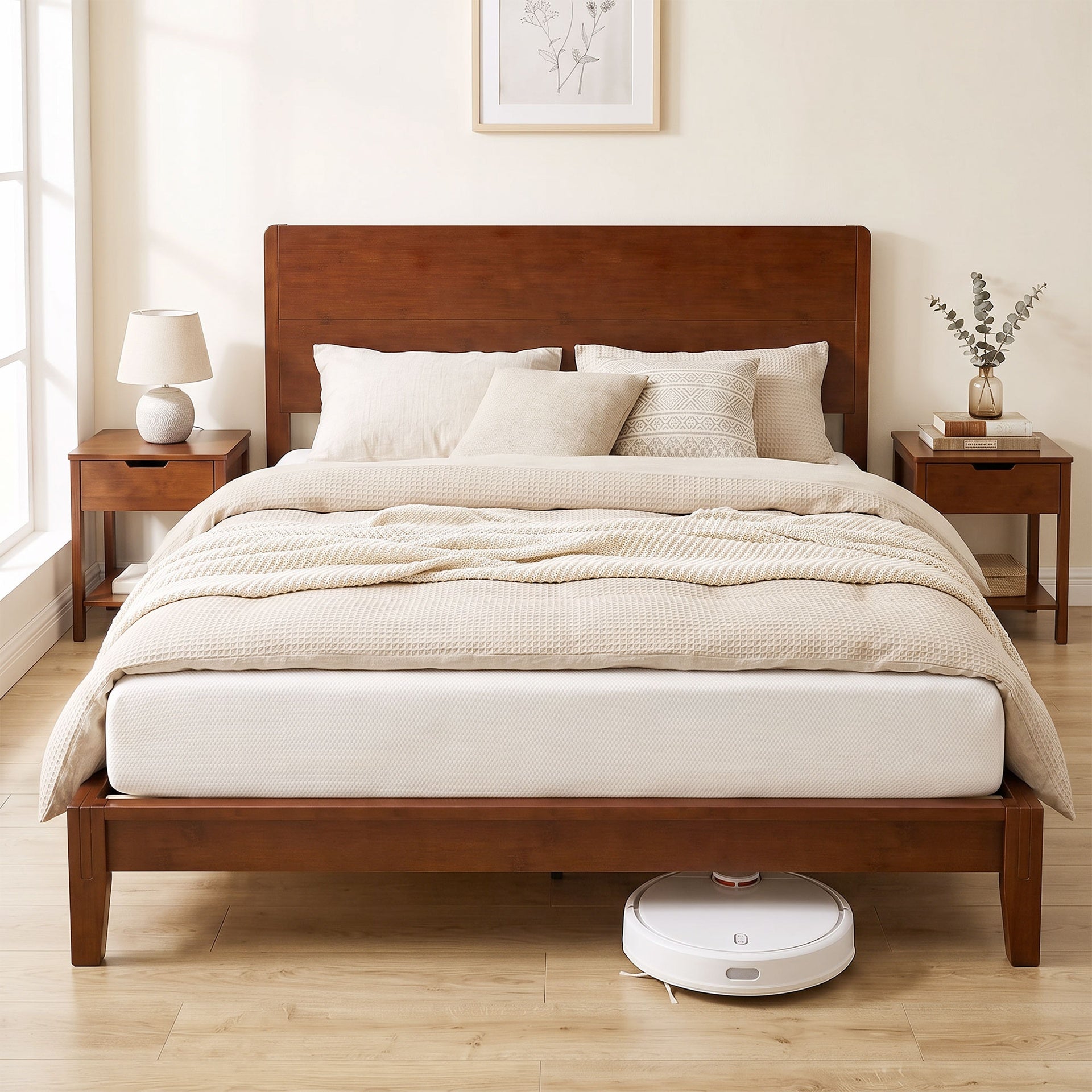 HOMCOM Queen Size Bamboo Platform Bed Frame with Headboard and 12 Poplar Slats, No Box Spring Needed, Easy Assembly, Brown