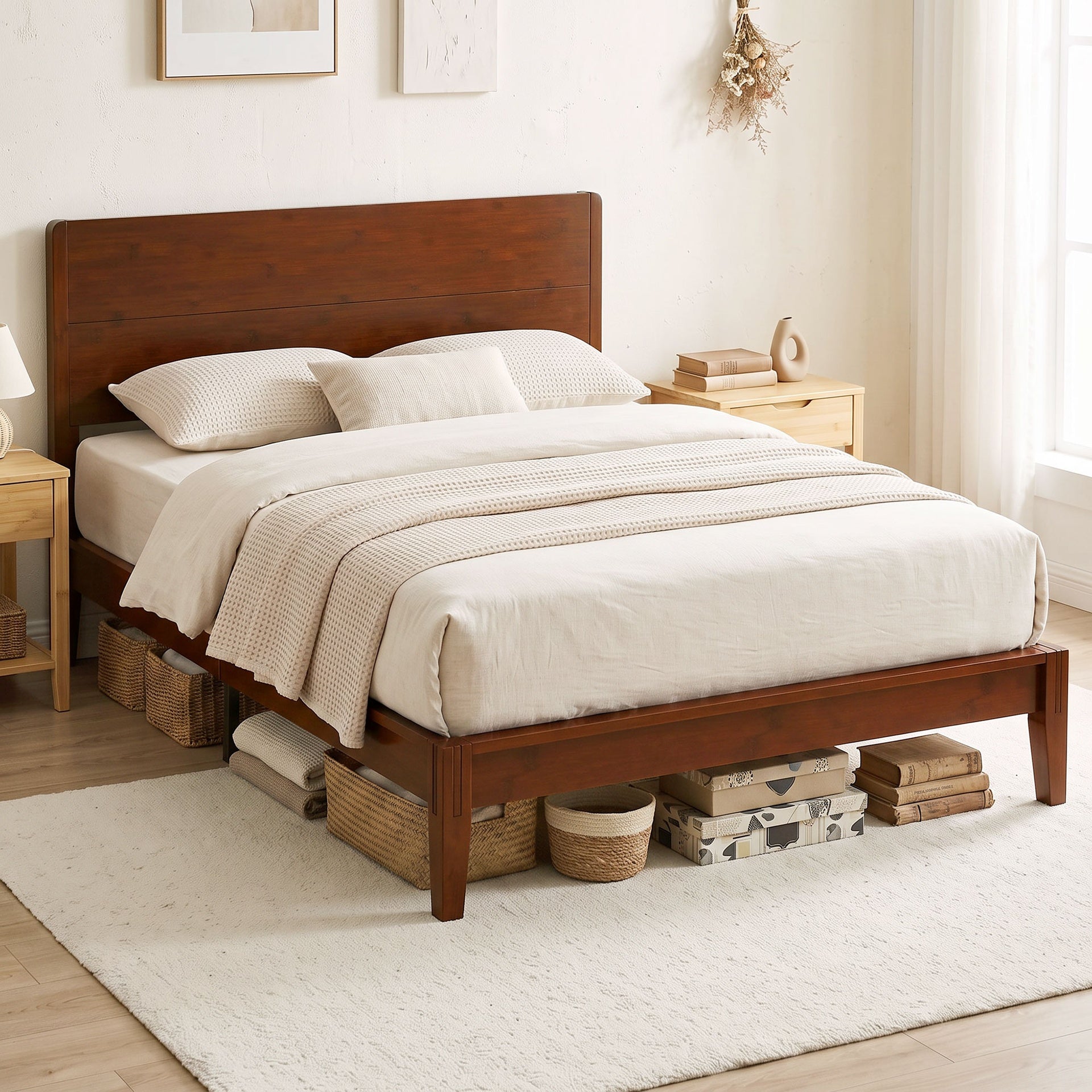 HOMCOM Queen Size Bamboo Platform Bed Frame with Headboard and 12 Poplar Slats, No Box Spring Needed, Easy Assembly, Brown