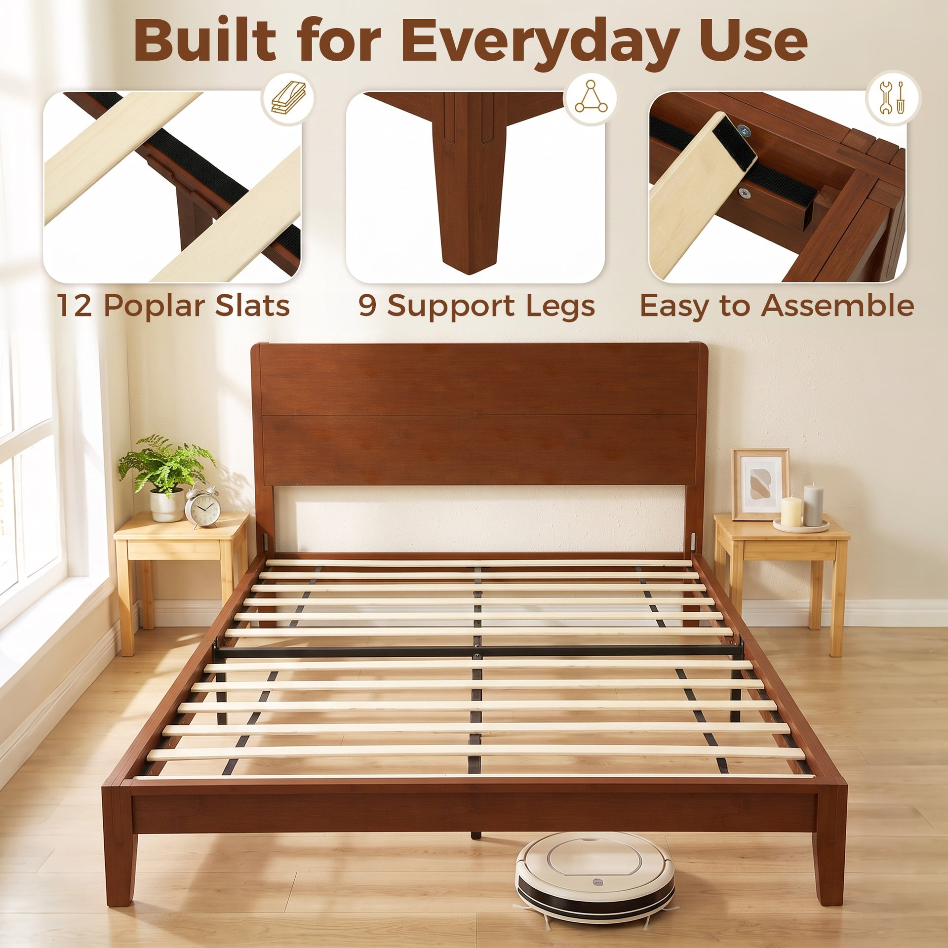 HOMCOM Queen Size Bamboo Platform Bed Frame with Headboard and 12 Poplar Slats, No Box Spring Needed, Easy Assembly, Brown