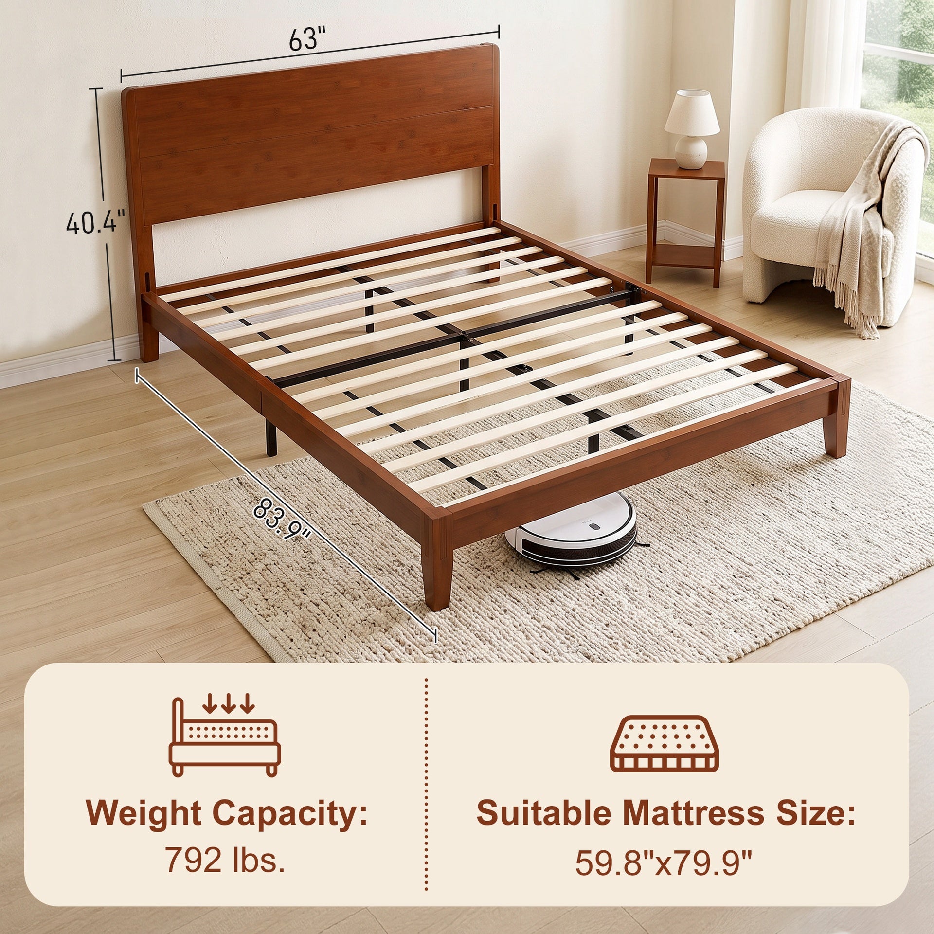 HOMCOM Queen Size Bamboo Platform Bed Frame with Headboard and 12 Poplar Slats, No Box Spring Needed, Easy Assembly, Brown