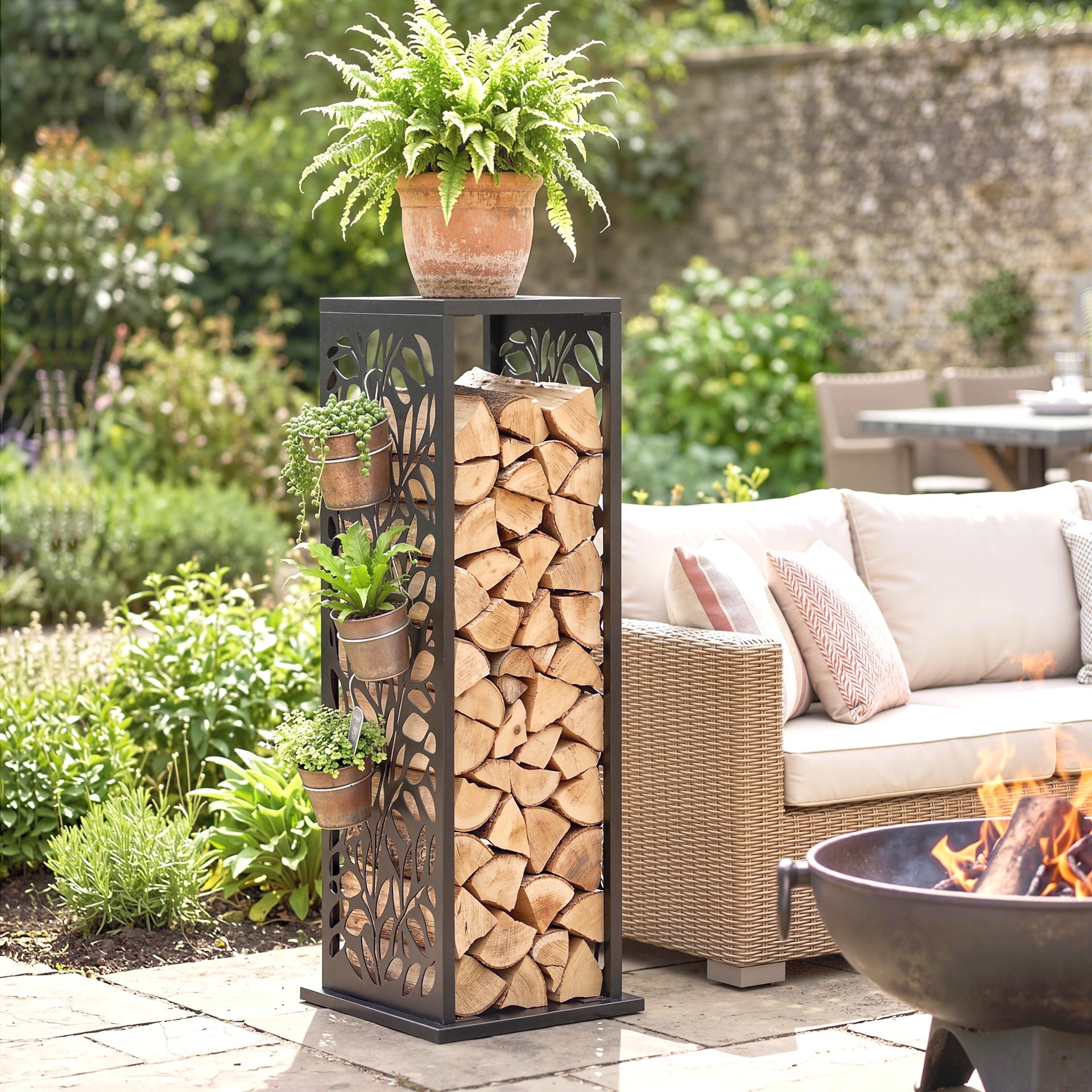 Outsunny 15 Inch Firewood Rack Outdoor Indoor, Cutout Galvanized Steel Firewood Holder with Hooks, Adjustable Pads, Black