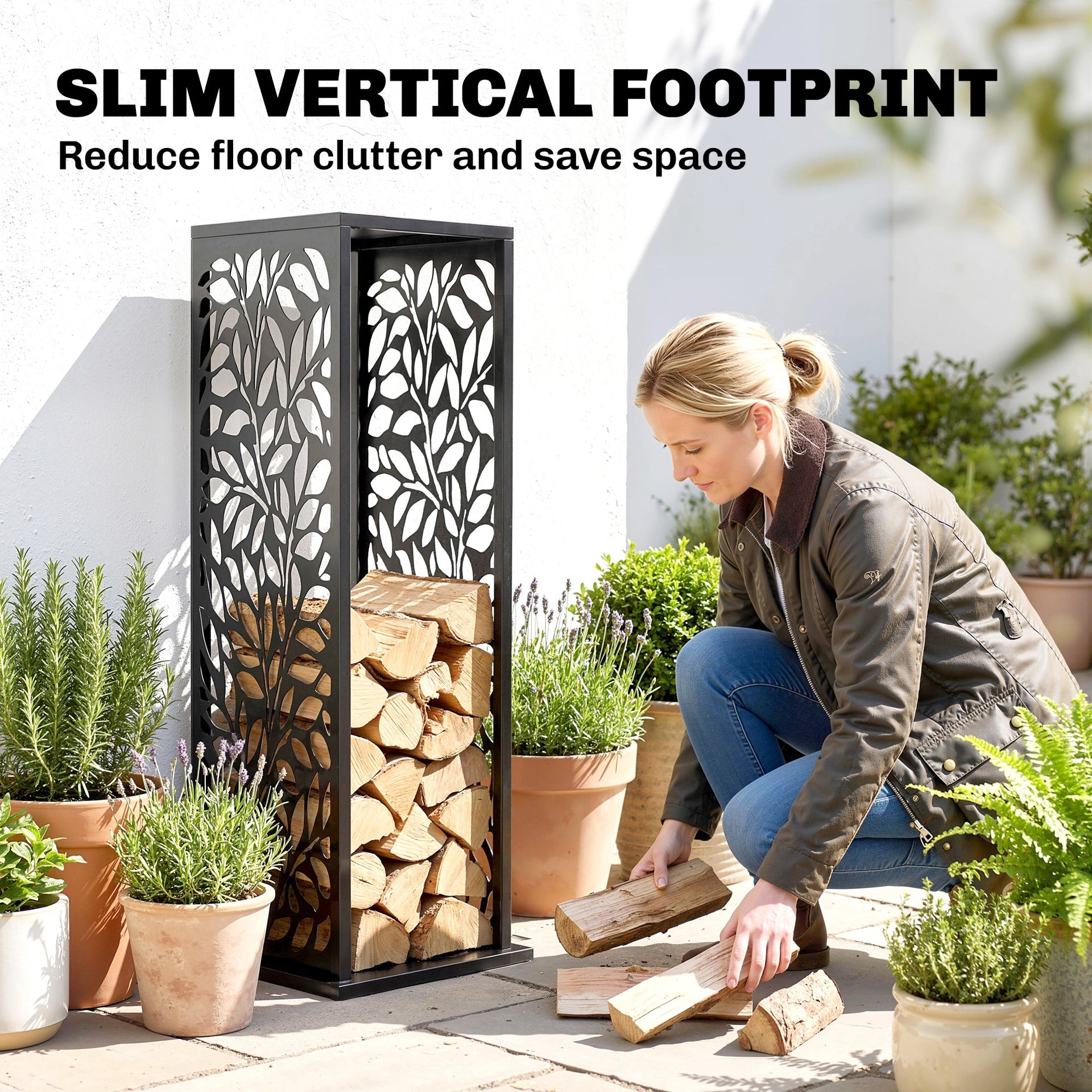 Outsunny 15 Inch Firewood Rack Outdoor Indoor, Cutout Galvanized Steel Firewood Holder with Hooks, Adjustable Pads, Black