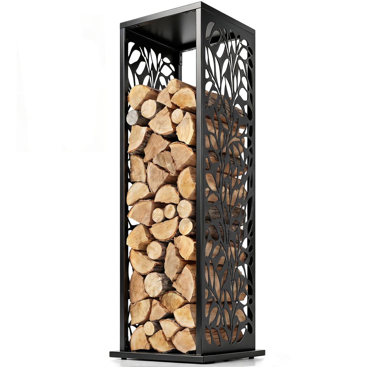 Outsunny 15 Inch Firewood Rack Outdoor Indoor, Cutout Galvanized Steel Firewood Holder with Hooks, Adjustable Pads, Black