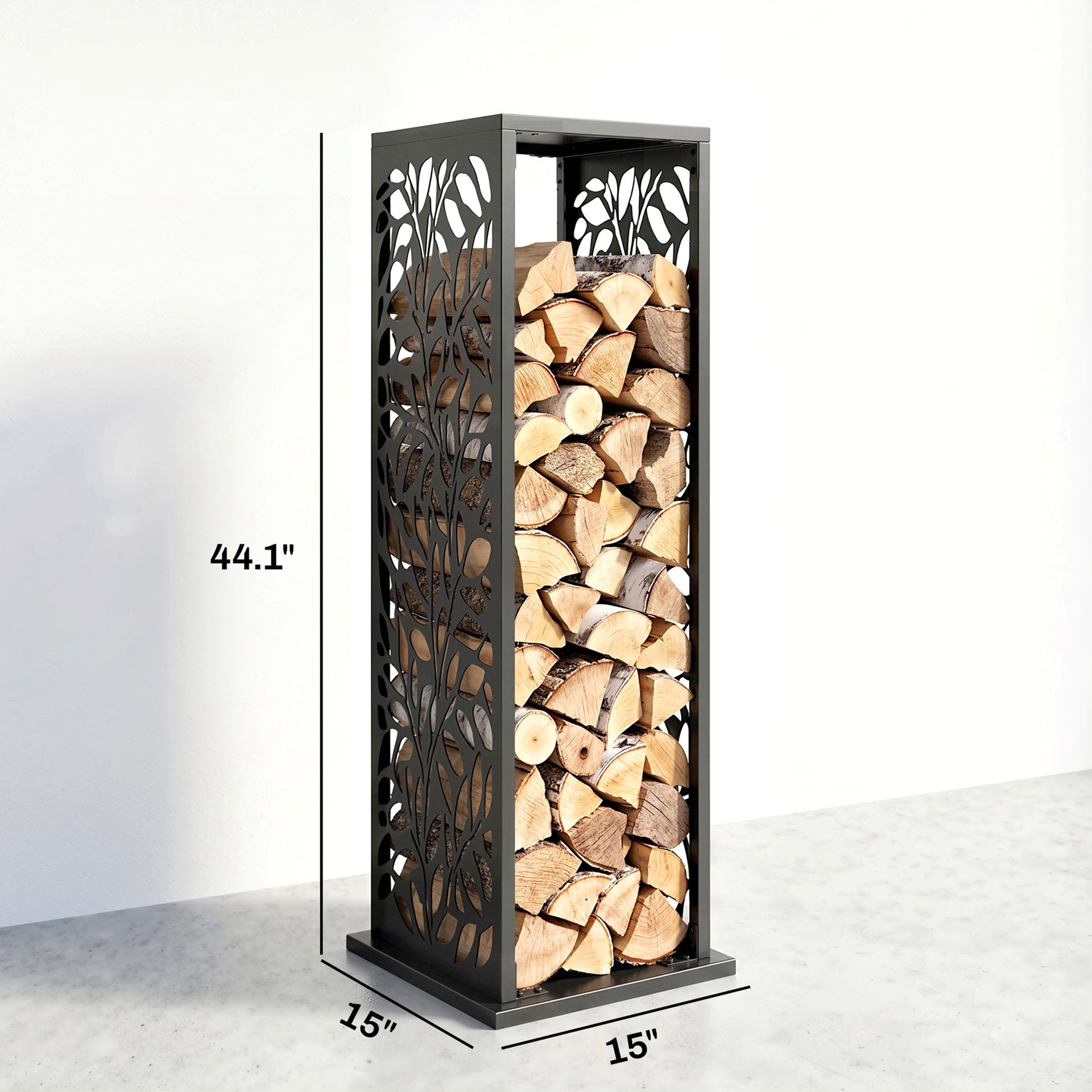Outsunny 15 Inch Firewood Rack Outdoor Indoor, Cutout Galvanized Steel Firewood Holder with Hooks, Adjustable Pads, Black