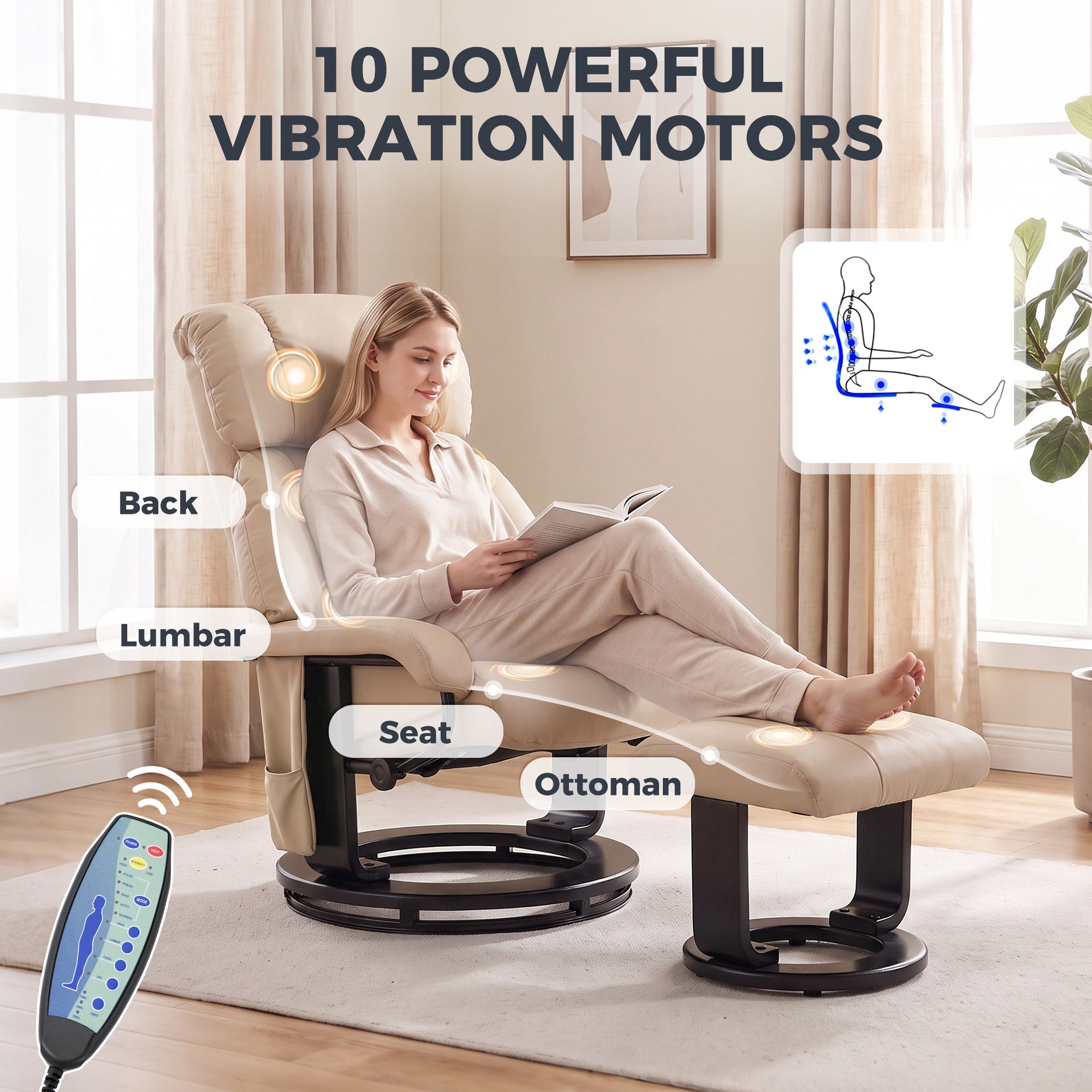 HOMCOM Massage Recliner Chair with Ottoman, 360° Swivel Recliner and Footstool, 10-Point Vibration, Blue