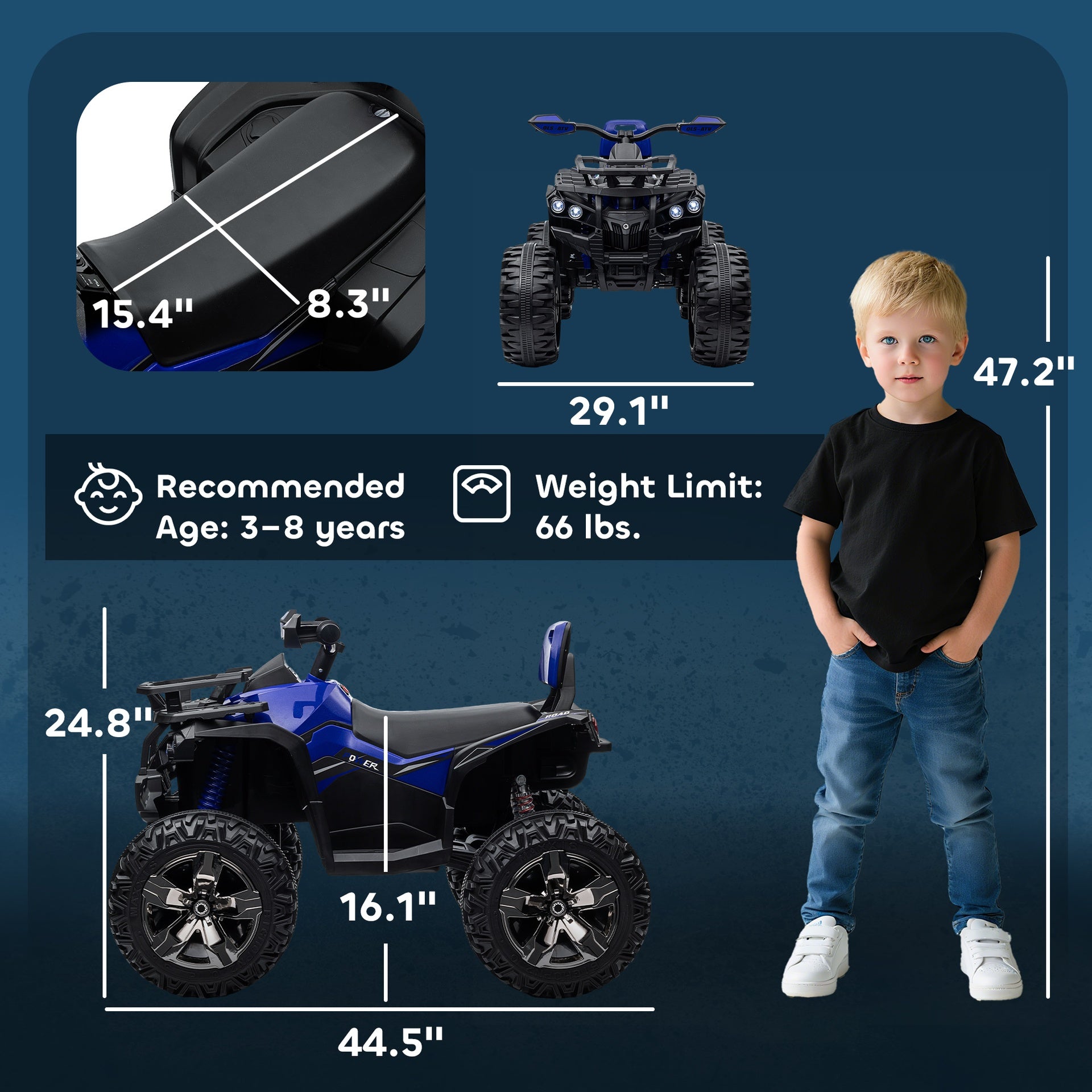 Aosom 12V 4 Wheeler Kids ATV with Music, Headlights for 37-60 Months Boys and Girls, Blue