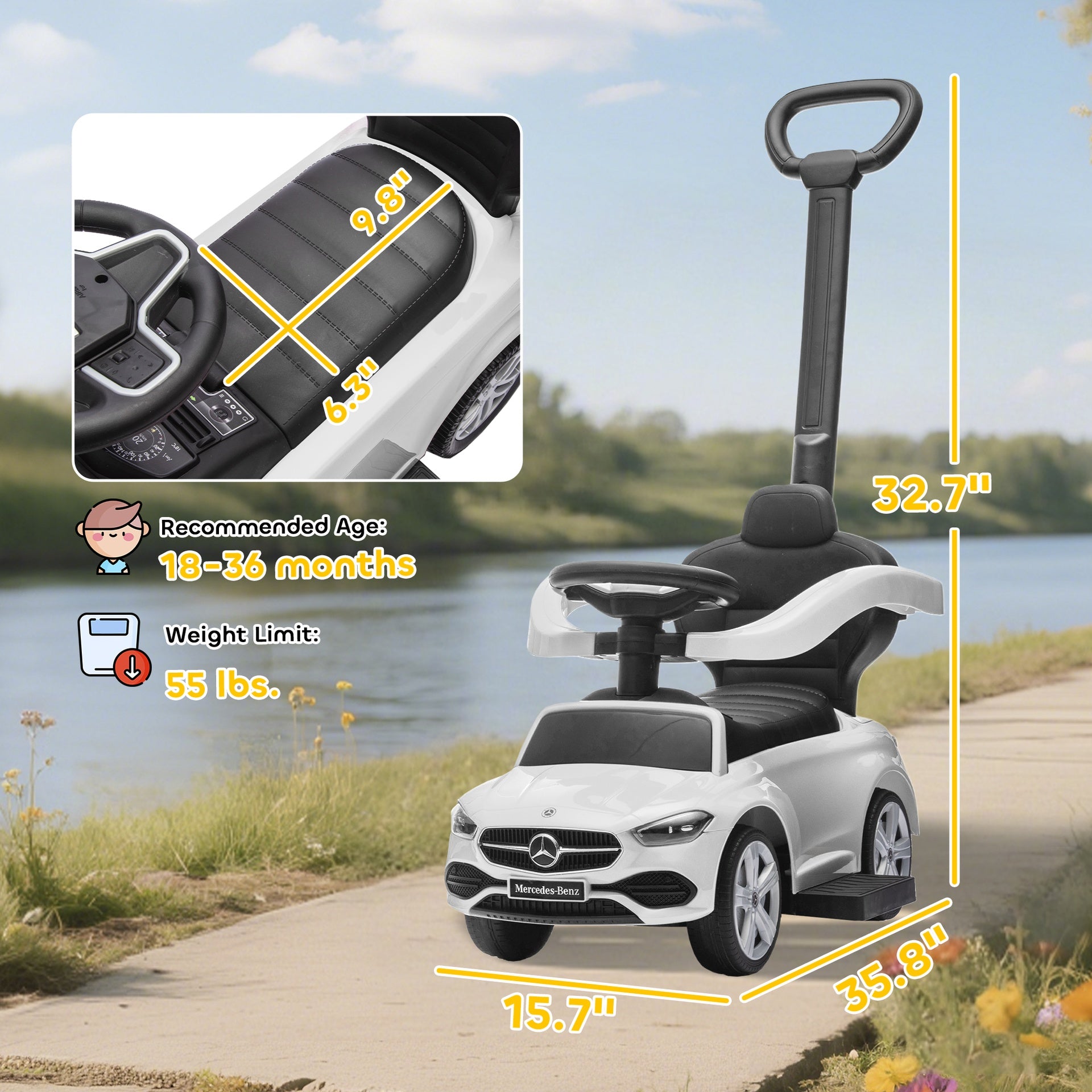 Qaba Mercedes-Benz C-Class Licensed Ride-On Push Car, Baby Stroller Walking Car with Parent Control Handle, Horn, White