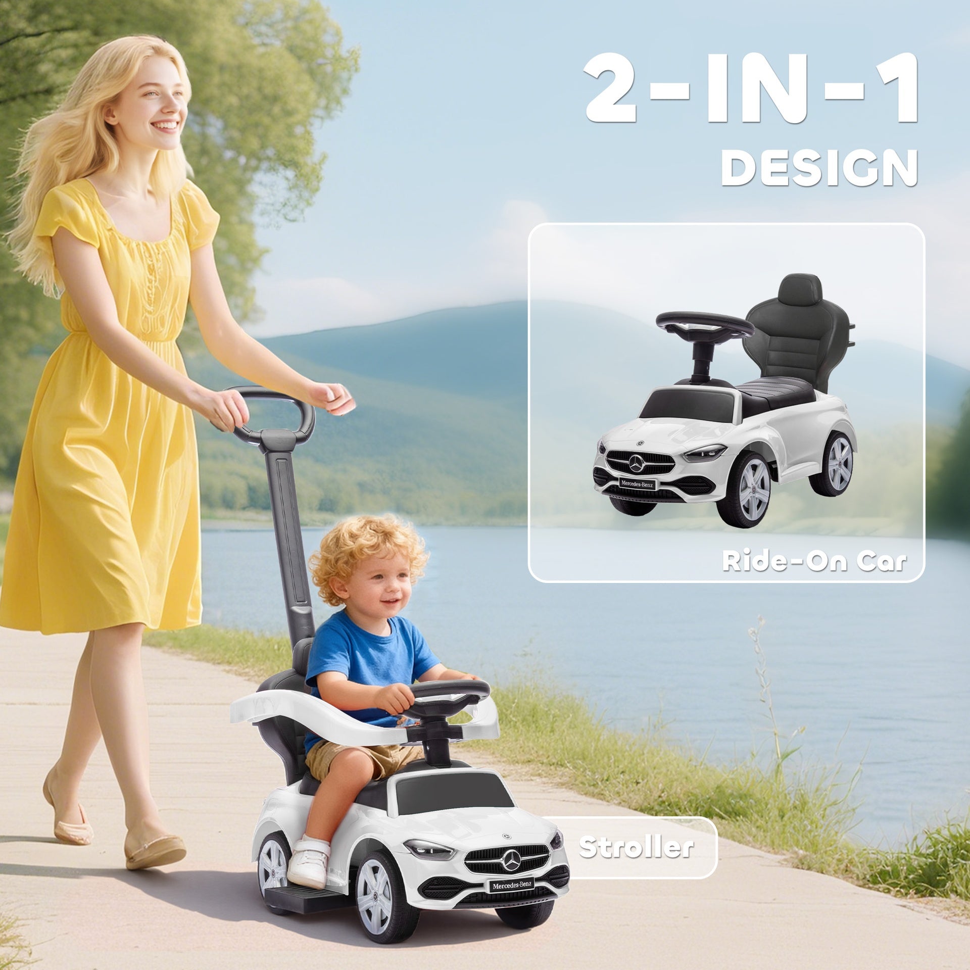 Qaba Mercedes-Benz C-Class Licensed Ride-On Push Car, Baby Stroller Walking Car with Parent Control Handle, Horn, White