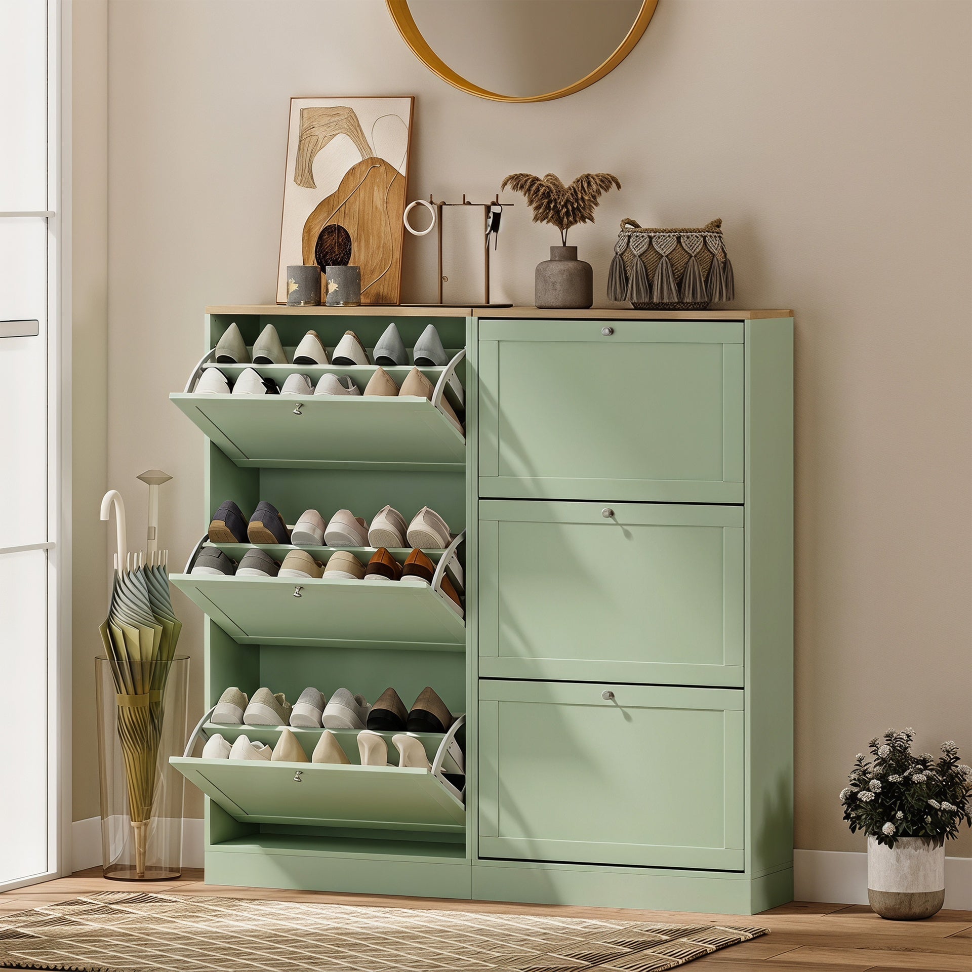 HOMCOM Modern Shoe Storage Cabinet with 3 Flip Drawers and Adjustable Shelves for 12-18 Pairs of Shoes, Green